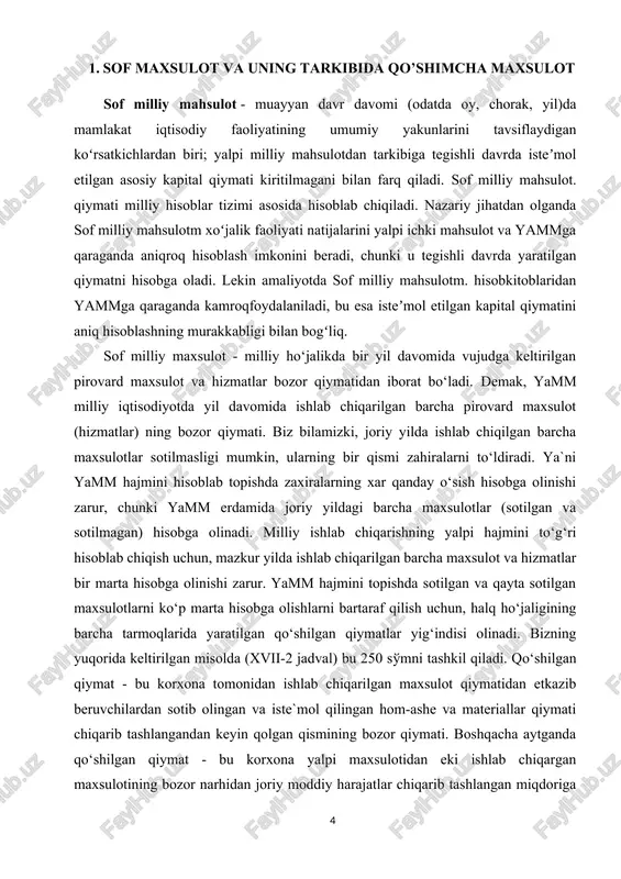 b chiqargan maxsulotining bozor narhidan joriy moddiy harajatlar chiqarib tashlangan miqdoriga teng. yamm epdamida milliy iqtisodiyotda tovar va xizmatlar ishlab chiqarish yillik hajmini hisoblashga harakat qilinadi. ko‘zlangan maqsada erishish uchun iqtisodiyotda yil davomida amalga oshiriladigan kuplab unumsiz bitimlar hisobga olinmasligi zarur. unumsiz bitimlarning ikki asosiy turi mavjud. 1. sof moliyaviy bitimarlar. 2. saqlanib turgan tovarlarni sotish. sof moliyaviy bitimlar o‘z navbatida uchta asosiy turga bo‘linadi: a) davlat budjetidan bo‘ladigan ijtimoiy to‘lovlari; b) hususiy ijtimoiy to‘lo‘vlar; c) qimmatli qog‘ozlarni sotish va sotib olish. davlat ijtimoiy to‘lovlari o‘z ichiga davlatning alohida shaxs va oyilalarga beradigan ijtimoiy sug‘urta bo‘yicha to‘lovlari, ishsizlik bo‘yicha nafaqalap va faxriylik nafaqalarini oladi. davlat ijtimoiy to‘lovlarining muxim xususiyati shundan iboratki, uning oluvchilari bu to‘lovlarga javoban ishlab chiqarishning joriy hajmini yaratishga hech qanday hissa qo‘shmaydi. shunday ekan, ulapni yamm hajmiga kiritish, shu yil uchun bu ko‘rsatkichni oshirishga olib kelgan bulup edi. xususiy ijtimoiy tulovlar, masalan, dorilfunun talabasining uyidan oladigan oylik …
