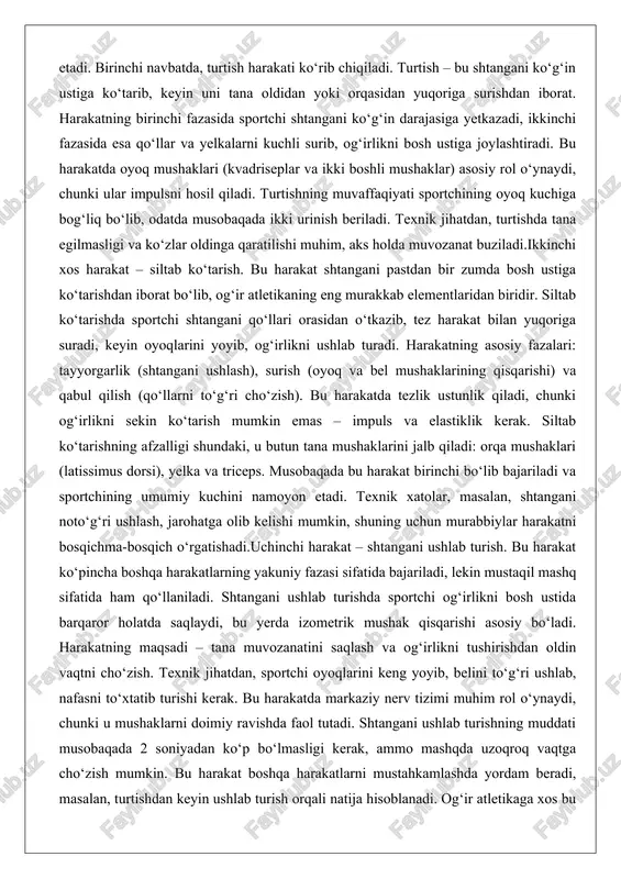 lik (shtangani ushlash), surish (oyoq va bel mushaklarining qisqarishi) va qabul qilish (qo‘llarni to‘g‘ri cho‘zish). bu harakatda tezlik ustunlik qiladi, chunki og‘irlikni sekin ko‘tarish mumkin emas – impuls va elastiklik kerak. siltab ko‘tarishning afzalligi shundaki, u butun tana mushaklarini jalb qiladi: orqa mushaklari (latissimus dorsi), yelka va triceps. musobaqada bu harakat birinchi bo‘lib bajariladi va sportchining umumiy kuchini namoyon etadi. texnik xatolar, masalan, shtangani noto‘g‘ri ushlash, jarohatga olib kelishi mumkin, shuning uchun murabbiylar harakatni bosqichma-bosqich o‘rgatishadi.uchinchi harakat – shtangani ushlab turish. bu harakat ko‘pincha boshqa harakatlarning yakuniy fazasi sifatida bajariladi, lekin mustaqil mashq sifatida ham qo‘llaniladi. shtangani ushlab turishda sportchi og‘irlikni bosh ustida barqaror holatda saqlaydi, bu yerda izometrik mushak qisqarishi asosiy bo‘ladi. harakatning maqsadi – tana muvozanatini saqlash va og‘irlikni tushirishdan oldin vaqtni cho‘zish. texnik jihatdan, sportchi oyoqlarini keng yoyib, belini to‘g‘ri ushlab, nafasni to‘xtatib turishi kerak. bu harakatda markaziy nerv tizimi muhim rol o‘ynaydi, chunki u mushaklarni doimiy …