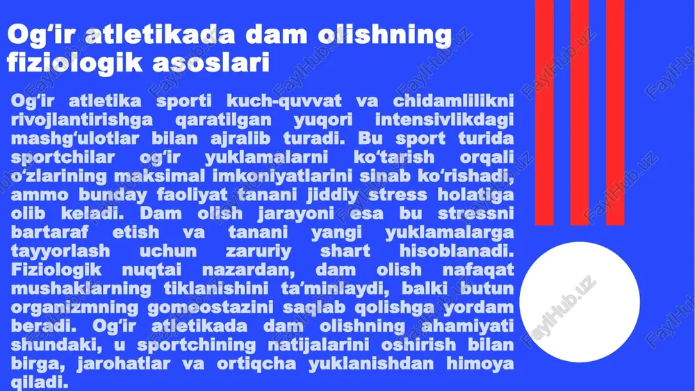 adi. dam olishni rejalashtirishda trenerning mas’uliyati xulosa dam olishni to‘g‘ri tashkil etish metodikasi sportchilarning muvaffaqiyatida hal qiluvchi rol o‘ynaydi, chunki bu jarayon jismoniy tiklanishni ta’minlab, psixologik barqarorlikni saqlaydi va uzoq muddatli faoliyatga asos soladi. mashg‘ulotdan keyingi rejimlar, kun tartibi va trener mas’uliyati birgalikda ishlaganda, sportchilar yuklamalarni oshirib, jarohatlardan saqlanadilar. ushbu yondashuvlarni amaliyotda qo‘llash orqali sport tizimi yanada samarali bo‘ladi va natijalar yaxshilanadi. sportchilar va trenerlar bu tamoyillarni doimiy ravishda qo‘llab, o‘z salohiyatlarini to‘liq ochadilar. og‘ir atletikada dam olish sportchi organizmini tiklash, sog‘lig‘ini saqlash va natijalarni yaxshilashda muhim ahamiyatga ega. mashg‘ulotlardagi og‘ir yuklamalar mushaklar, asab tizimi va yurak-qon tomir tizimiga katta ta’sir ko‘rsatadi. foydalanilgan adabiyotlar o‘zbekiston respublikasi “jismoniy tarbiya va sport to‘g‘risida”gi qonuni. – toshkent, 2021. karimov t. “sport fiziologiyasi”. – toshkent: o‘zbekiston davlat jismoniy tarbiya va sport universiteti nashriyoti, 2019. rahimov a. “og‘ir atletika asoslari”. – toshkent: yangi asr avlodi, 2021. g‘ofurov m. “sport mashg‘ulotlari nazariyasi va metodikasi”. – toshkent: …
