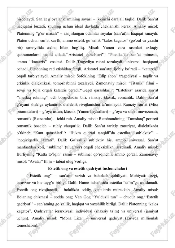 kallari) – g’oya va shakl muvozanati; romantik (ressamlar) – ichki ruh. amaliy misol: rembrandtning “tumshoq” portreti romantik bosqich – ruhiy chuqurlik. dalil: san’at tarixiy zaruriyat, dialektikada o’tkinchi.‘‘kant qarashlari’’: “hukm qudrati tanqidi”da estetika ‘‘sub’ektiv’’ – “noqiziqarlik lazzati”. dalil: go’zallik sub’ektiv his, ammo universal. san’at manfaatdan xoli, “sublime” (ulug’vor) orqali cheksizlikni sezdiradi. amaliy misol: burliyning “katta to’lqin” rasmi – sublime: qo’rqinchli, ammo go’zal. zamonaviy misol: “avatar” filmi – tabiat ulug’vorligi. estetik ong va estetik qadriyat tushunchalari ‘‘estetik ong’’ – san’atni sezish va baholash qobiliyati. mohiyati: sezgi, tasavvur va his-tuyg’u birligi. dalil: hume falsafasida estetika “ta’m”ga asoslanadi. estetik ong rivojlanadi – bolalikda oddiy, kattalarda murakkab. amaliy misol: bolaning chizmasi – sodda ong; van gog “yulduzli tun” – chuqur ong.‘‘estetik qadriyat’’ – san’atning go’zallik, haqiqat va yaxshilik birligi. dalil: platonning “kalos kagatos”. qadriyatlar ierarxiyasi: individual (shaxsiy ta’m) va universal (jamiyat uchun). amaliy misol: “mona liza” – universal qadriyat (luvrda millionlab tomoshabin). san’atning falsafiy estetik …