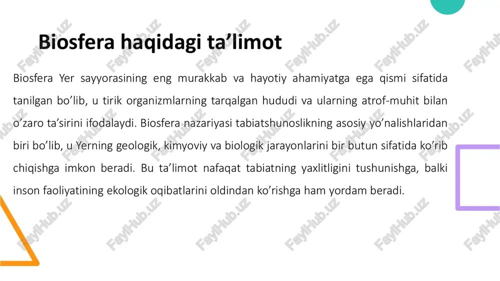 rnadskiy v.i. nauchnaya mysl kak planetnoye yavleniye. — moskva: nauka, 1988. moiseyev n.n. chelovek i biosfera. — moskva: molodaya gvardiya, 1990. odum e.p. ekologiya: osnova zhizni. — moskva: mir, 1986. levit i.s. ekologiya va biosfera muammolari. — toshkent: o‘qituvchi, 2005. rasulov sh., tursunov b. atrof-muhit muhofazasi va ekologiya asoslari. — toshkent: fan, 2012. karimov i.a. yuksak ma’naviyat — yengilmas kuch. — toshkent: ma’naviyat, 2008.