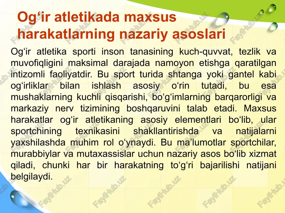 mustahkamlaydi xulosa maxsus harakatlar sport natijalariga sezilarli ta'sir ko'rsatadi, chunki ular mushak kuchini oshirish, musobaqa tayyorgarligini ta'minlash va amaliy tajribalarda tasdiqlangan natijalarni beradi. ushbu harakatlar sportchiga nafaqat jismoniy, balki psixologik ustunlik ham beradi, jarohat xavfini kamaytiradi va performansi ni maksimal darajaga yetkazadi. rejalar va mashqlar orqali sportchilar o'z potentsialini to'liq ro'yobga chiqarishi mumkin. natijada, maxsus harakatlarni muntazam qo'llash sportdagi muvaffaqiyat kalitidir va har bir sportchi ularni o'z dasturiga kiritishi zarur. foydalanilgan adabiyotlar karimov m. og‘ir atletika nazariyasi va metodikasi. – toshkent: o‘zbekiston davlat jismoniy tarbiya universiteti nashriyoti, 2020. xudoyberdiyev a. sport mashg‘ulotlari nazariyasi va uslubiyati. – toshkent: “fan va texnologiya”, 2018. sodiqov b. jismoniy tarbiya va sport nazariyasi asoslari. – toshkent: “ilm ziyo”, 2019. rahimov o. sport fiziologiyasi. – toshkent: “universitet”, 2021. zokirov s. og‘ir atletikachilarning texnik tayyorgarligi. – farg‘ona: fdu nashriyoti, 2022. usmonov a. sport psixologiyasi va motivatsiya asoslari. – toshkent: “ma’naviyat”, 2020. image10.png image12.png image13.png image14.png image15.png image1.jpeg …