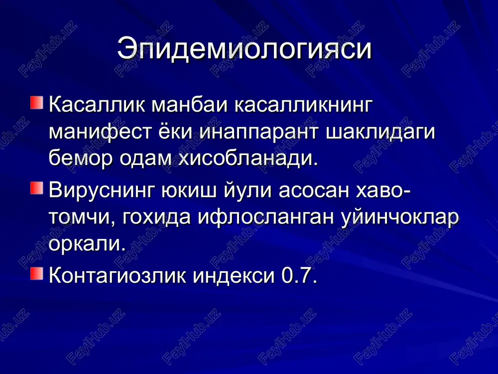 vil. 1 0 0 0 6. navoiy vil. 0 0 0 0 7. namangan vil. 2 0.1 5 0.3 1 0.1 0 - 8. samarkand vil. 0 3 0.1 1 0 9. surxondaryo vil 1 0.1 0 0 0 10. sirdaryo vil. 0 0 1 0.2 0 11. toshkent vil. 7 0.3 2 0.1 4 0.2 12 0.9 12. fargona vil. 0 1 0 0 13. xorazm vil. 0 0 0 0 14. korakolpogiston res 0 0 0 0 15 kizilkum redmetzoloto 3 2.2 1 0.7 1 0.1 0 respublika buyicha 57 0.2 79 0.3 39 0.2 33 0.1 patogenezi akademik musaboev i.k. buyicha. i faza- kuzgatuvchini nafas yuliga kirishi va adaptatsiyasi. ii faza- mnsda patologik dominanta uchogini paydo bulishi. iii faza- organ va sistemalarda, ayniksa nafas va nerv sistemalarida ikkilamchi uzgarishlar paydo bulishi. iv faza- immunitetni paydo bulishi, zararlangan a'zolarni tiklanishi, infektsion jarayonning tugashi. patologik anatomiyasi kasallikning kataral va …