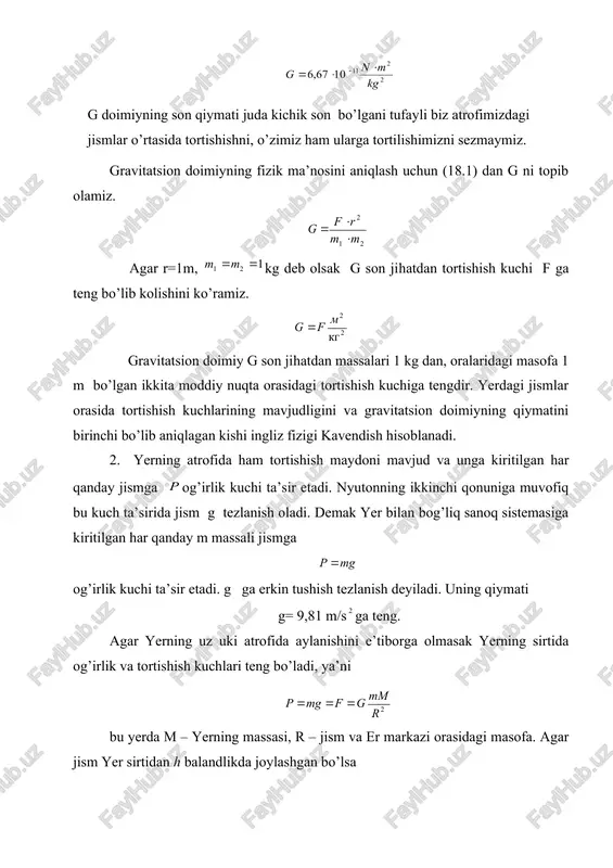 kkinchi qonuniga muvofiq jism aynan shu kuchlar yig’indisi ta’sirida tezlanishni oladi. ushbu ifodadan jismning vazni agar jism og’irlik kuchi maydonida harakatlanayotgan bo’lsa, unda va ya’ni jism vaznsiz holatda bo’ladi. kosmosda erkin harakatlanayotgan jismlar uchun gq0 ligidan ular vaznsizlik holatida deyiladi. jism vaznining ortishi va kamayishi. jismning vazni uchun yozilgan ifodani chuqurrok tahlil qilaylik. kavs ichida erkin tushish tezlanish va jismning tezlanish larning vektorial ayirmasi turibdi. demak dan boshlab jismning vazni namoyon bo’la boshlaydi va ga o’zgaradi. ya’ni vaznsizlana boradi. jism yo’nalishida (ya’ni pastga qarab) tezlanish bilan harakatlana boshlasa uning vazni ga kamayadi. liftda pastga tushayotgan kishi lift tezlanish bilan harakatlangan dastlabki lahzada, aynan vaznining kamayishi natijasida go’yoki o’zini yengillashgandek sezadi. endi tezlanish ning yo’nalishi erkin tushish tezlanishi ning yo’nalishiga qarama-qarshi bo’lgan holni qaraylik. bunda ning qiymati ga qo’shiladi, ya’ni bo’ladi. demak dan boshlab jismning vazni ga ortadi, ya’ni vaznning ortishi kuzatiladi. liftda yuqoriga ko’tarilayotgan kishi, lift tezlanish bilan harakatlangan dastlabki …