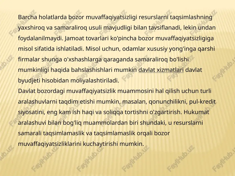 ladi bozor xo‘jalik obyektlari: tovarlar va xizmatlar, ishlab chiqarish omillari (mehnat, yer, ishlab chiqarish vositalari), pul, kapital, qimmatbaho qog‘ozlar, davlat tomonidan beriladigan imtiyozlar va subsidiyalar, ijtimoiy to‘lovlar va preferentsiyalardir. bozorning afzalliklari: resurslarning samarali taqsimlanishi; moslanuvchanlik, o‘zgaruvchi sharoitlarga yuqori darajada moslashish; ishlab chiqaruvchilar va iste’molchilarning tanlash va harakat erkinliklari; xilma-xil talablarni qondirish, tovarlar va xizmatlar sifatini oshirish salohiyati. ilmiy-texnik taraqqiyot yutuqlarini maksimal darajada ishlatish; bozorning salbiy tomonlari:  qayta tiklanmaydigan resurslarning saqlanishiga yordam bermaydi;  qabul qilinayotgan qarorlarning potensial salbiy oqibatlarini ko‘pchilik holatlarda hisobga olmaydi, inkor etadi;  tovarlar ishlab chiqarish va xizmat ko‘rsatish uchun rag‘batlar yaratilmaydi;  to‘liq bandlikni va narxlarning mo‘‘tadil darajada bo‘lishini kafolatlamaydi;  fandagi tadqiqotlarning ta’sirchan asoslanishini ta’minlamaydi;  tegishli rezession va inflyatsiya jarayonlari bilan birga rivojlanishi nomo‘’tadil bo‘ladi. etiboringiz uchun raxmat!!! etiboringiz uchun raxmat!!! 13 image3.jpeg image4.jpeg image5.jpeg image6.jpeg image7.jpeg image8.jpeg image9.jpeg image10.jpeg image11.jpeg /docprops/thumbnail.jpeg
