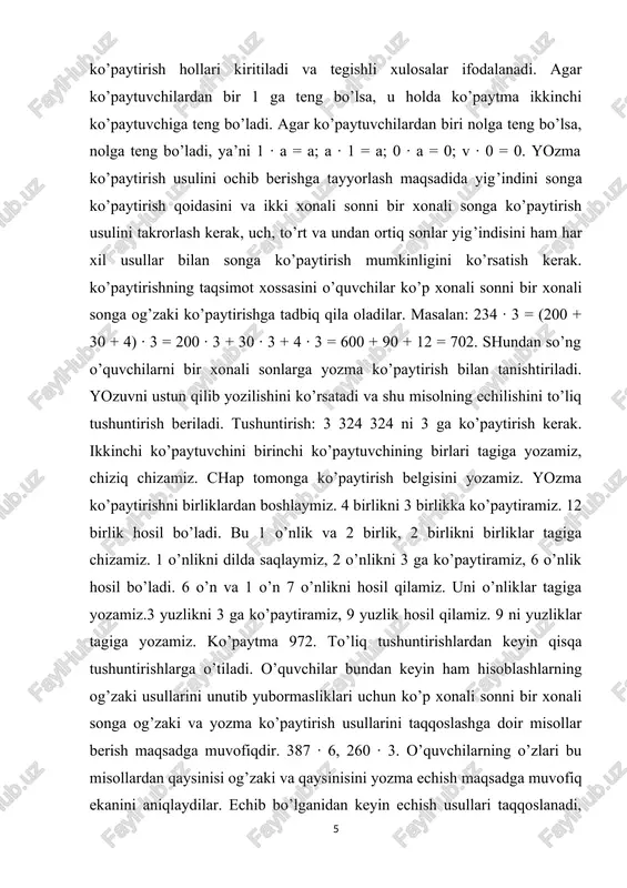 i ko’paytuvchi bitta yoki bir nechta nollar bilan tugaydigan hollar bilan tanishtiriladi. masalan: 150 · 4 = 15 o’n · 4 = 60 o’n = 60 800 · 7 = 8 yuz · 7 = 56 yuzlik = 5600 18000 · 3 = 18 ming · 3 = 54 minglik = 54000 27000 · 3 = 27 ming · 3 = 81 minglik = 81000 8100 3 2700 43 × - - - bunday hollar hisoblashlarni osonlashtirish uchun ko’paytirishni ustun qilib yozish kerakligini o’qituvchi aytadi va bolalarga bir xonali sonni ko’p xonali songa ko’paytirishda 4 · 9687, 8 · 2084 ... misollarni echishda ko’paytirishning o’rin almashtirish xossasidan foydalanish mumkinligi ko’rsatiladi. shundan keyin o’quvchilar o’lchov birliklarida ifodalangan ismli sonlarni bir xonali songa ko’paytirish usuli bilan tanishtiriladi. buning uchun son oldin bir xil ismli maydaroq birliklarda ifodalanadi, so’ngra ismsiz sonlar ustida amallar bajariladi va topilgan natija yirikroq o’lchov birliklarida ifodalanadi: 8 kg …