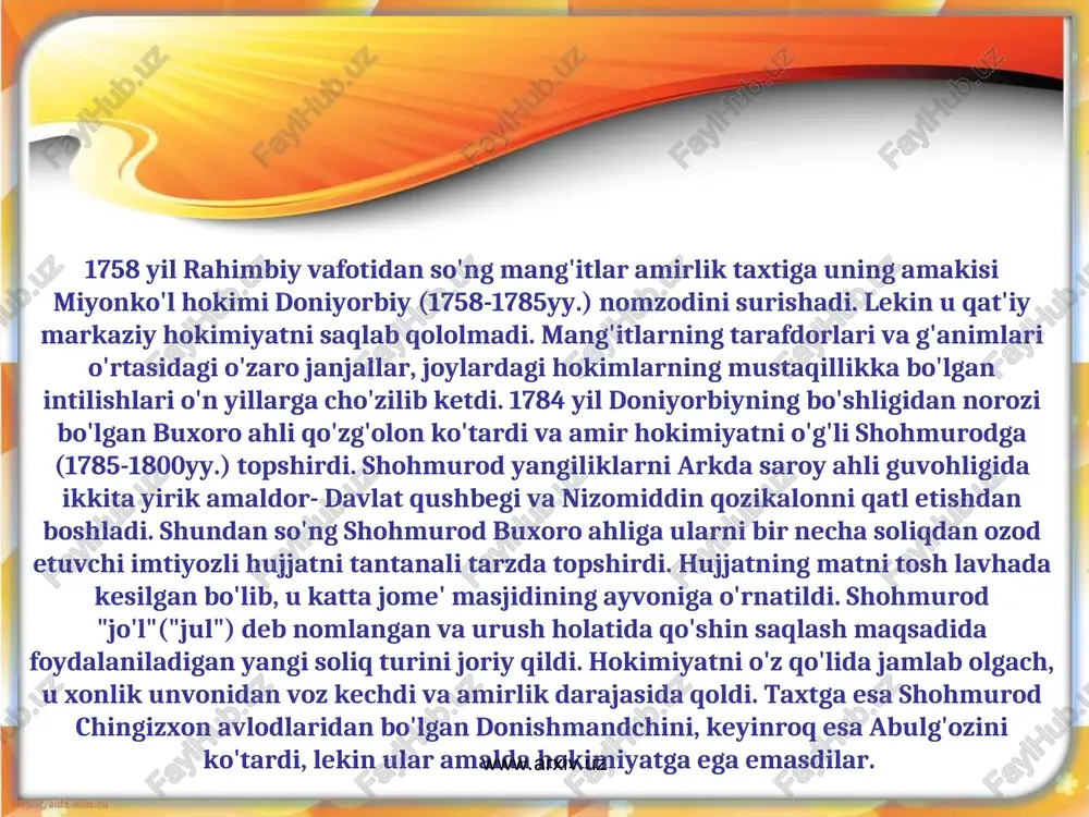 aligiga ko‘p talofatlar yetkazdi. 1866 yildagi bosqinchilik hujumi ham shaharni vayronaga aylantirdi. xix asrning 80-90 yillaridan boshlab jizzax shahrida bir nechta korxonalar, jumladan, paxta tozalash, yog‘ zavodi, g‘isht va ohak zavodlari qurilib ishga tushirildi. istiqlol yillarida zamonaviy texnika bilan jihozlangan yangi korxonalar, xorijiy davlatlar bilan hamkorlikda qo‘shma korxonalar, turar-joylar, madaniy va ma’rifiy binolar, ravon yo‘llar va ko‘priklar qurildi. jahon andozalariga mos, har tomonlama qulay o‘quv texnikasi bilan jihozlangan maktablar, kasb-hunar va oliy o‘quv yurtlari qurilib, ishga tushirildi. shunday qilib, qadimiy jizzax mustaqillik yillarida har tomonlama rivojlangan, gullab-yashnagan viloyatlardan biriga aylandi. www.arxiv.uz www.arxiv.uz www.arxiv.uz www.arxiv.uz bu davrda movarounnahrda hokimiyat uchun uzoq yillik urushlar, ichki nizolar kuchayib ketdi. siyosiy tushkunlik avj oldi, bu. mamlakat iqtisodiga zarar yetkazdi, tashqi olam, o'zga mamlakatlar bilan ham aloqalar susayib ketdi.nihoyat, xvi asrning ikkinchi yarmida movarounnahrda mustaqil davlatlar -buxoro va xiva xonliklari shakllanib, o'zini tiklay boshladi. xviii asrning boshida uzoq urushlardan so'ng mustaqil qo'qon xonligi tashkil topdi. …