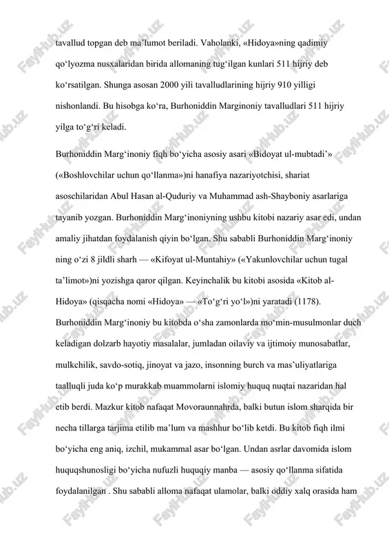 iyning «jomi’u-kabiyr» asariga sharh); 9. «bidoyat ul-mubtadi’» (boshlovchilar uchun dastlabki ta’lim); 10. «kifoyat ul-muntahiy» («yakunlovchilar uchun tugal ta’lim»). «bidoyatul-mubtadi’» asari uchun yozilgan 8 jildlik sharh: 11. «hidoya» («kifoyat ul — muntahiy» asari uchun yozilgan 4-jildlik sharh). afsuski, sanab o‘tilgan asarlar haqida to‘liq bir tasavvur yo‘qdir. chunki o‘rta asr faqihlarining ko‘pgina asarlari kabi, burhoniddin marg‘inoniyning ham asarlarining hammasi bizgacha yetib kelmagan. o‘zbekiston respublikasi fa sharqshunoslik instituti qo‘lyozmalar xazinasida allomaning bir qator asarlari qo‘lyozma nusxalari bor. allomaning eng mashhur va eng yirik asari «hidoya» to‘rt jilddan iborat bo‘lib, uning har bir jildi turli muammolarni huquqiy yechimiga bag‘ishlangan. birinchi jild 5 kitobdan iborat bo‘lib, tahorat va amaliy ibodatlar (namoz, ro‘za, zakot va haj)ga bag‘ishlangan. bu jild 47 bob va 37 fasldan iborat. ikkinchi jildiga nikoh, emizish, taloq, qullarni ozod qilish, topib olingan bolaning nasabini aniqlash, topib olingan narsa, qochib ketgan qullar, bedarak yo‘qolganlar, sherikchilik va vaqf huquqi kabi masalalar kiritilgan. bu jild 60 …