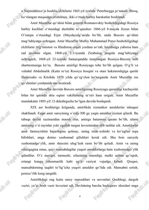 lavozimidan olib tashlar edi. amaldorlar amir farmoyishini bajaribgina qolmay, uning istak-xohishi va ko’nglini topa bilishlari, unga doimo xushomad qilishlari kerak edi. shu bois saroyda xushomadgo’ylik, amir shaxsini ulug’lash rasm bo’lib qoladi. amir va uning oilasigagina emas, quyi mansabdagilar yuqori amaldorlarga ham xushomadgo’ylik qilardilar. o’z mavqei, turmushi, oilasining omonligi, mulki uchun qo’rqish, ertangi kunga ishonmaslik kabi og’ir vaziyat vujudga keladi. qisqasi, mansabdorning taqdiri to’lig’icha yuqori amaldor qo’lida edi. mansabni sotish, poraxo’rlik keng tarqaldi. amirlikdagi eng katta saroy mansablari va unvonlari qushbegi, dargoh vaziri, ya’ni bosh vazir lavozimi edi. davlatning barcha boshqaruv idoralari unga itoat etar edi. bir so’z bilan aytganda, barcha ijroiya hokimiyat qushbegining qo’lida edi. viloyat va tuman hokimlari ham qushbegi tavsiyasiga binoan tayinlanar edi. qushbegi xon istiqomat qilib turgan arki oliyda turar edi.[footnoteref:2] [2: o’zbekiston davlatchiligi tarixi ocherklari -t.: sharq, 2001. –b.78.] amirlikda devonbegi, mushrif, dodxoh, miroxo’r, dasturxonchi, to’qsobo, parvonachi, sadrlar, shayxulislom, qozikalon kabi lavozimlar mamlakatdagi muhim ijtimoiy-siyosiy va …
