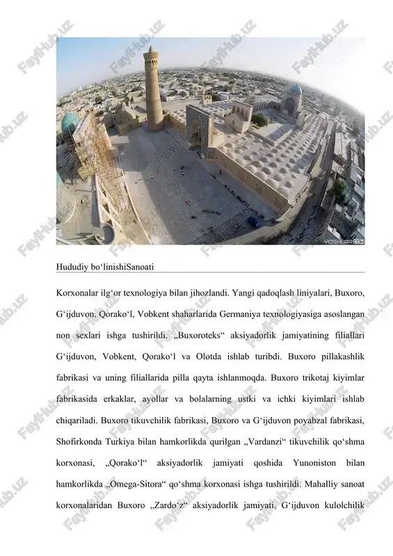 o‘y, 64 ming echki, 3 ming yilqi, 2,8 ming tuya, 771 ming parranda mavjud (2001). viloyatda ipak qurti ham boqiladi. 10 ta o‘rmonchilik xo‘jaligi bo‘lib, asosiy o‘simliklari saksovul, cherkez, qandim. qorako‘l o‘rmon xo‘jaligida esa dorivor o‘simliklar ham yetishtiriladi.transporti. buxoro viloyatidan magistral temir yoʻli o‘tgan. eng katta temir yoʻl stansiyasi — kogon. viloyat ahamiyatidagi avtomobil yo‘llarining umumiy uz. 9820 km, shu jumladan qattiq qoplamali yo‘llar 4655 km (2000). asosiy avtomobil yo‘llari: buxoro-toshkent, buxoro-urganch-nukus, buxoro-turkmanobod (chorjo‘y) va buxoro-termiz yo‘nalishlari. aeroport bor. taʼlim, madaniyat, sport taʼlim 2000/01 o‘quv yilida viloyatda 528 umumiy taʼlim maktabi bo‘lib, 325,2 ming o‘quvchi, 25 gimnaziyada 5700 o‘quvchi taʼlim oldi. 1998-2001-yillarda 14 kasbhunar kolleji va 5 akademik litsey qurib topshirildi. 14 kasbhunar kollejida 2400 o‘quvchi o‘qiydi. 2001-2003-yillarda viloyatdagi mavjud 10 texnikum va 24 hunartexnika bilim yurtlari kasbhunar kollejlari va akademik litseylarga aylantiriladi (oʻzbekiston respublikasi vazirlar mahkamasining 2001-yil 12-iyun qarori). viloyatda 3 oliy o‘quv yurti bor: buxoro universiteti, buxoro oziq-ovqat …