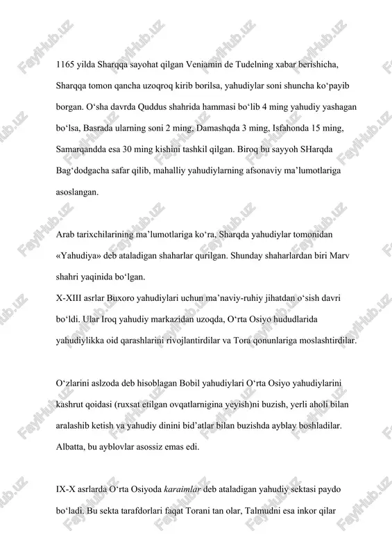 ing yana turkiston va buxoro jamoalariga bo‘linib ketishiga olib keldi. o‘rta osiyo yahudiylari buxoro amirligi hududlarida yashaganliklari tufayli «buxoro yahudiylari» nomi bilan tanilgan bo‘lsalar-da, ularning asosiy qismi ko‘proq samarqandda yashagan. yahudiylik yagona millatga xos din bo‘lganligi sababli yahudiylar qayerda yashamasin, biri ikkinchisidan qancha uzoqda bo‘lmasin, ular o‘z diniga va muqaddas kitoblariga e’tiqod qilishni davom ettiraverdilar. xviii asrda o‘rta osiyo yahudiylari ruhiy tushkunlik davrini boshdan kechirdilar. 1793 yili o‘zi g‘arbiy afrikadan bo‘lib, falastinning sfat shahrida yashovchi iosif mamon mag‘ribiy o‘z shahri yahudiylari uchun moddiy yordam to‘plash maqsadida buxoroga keladi. u mahalliy yahudiylarning o‘z dinlaridan uzoqlasha boshlaganliklarini ko‘rib, shu yerda qolishga va millatdoshlariga diniy ta’lim berishga ahd qiladi. yahudiylar doimo tinch, kam aholili joylarda yashashni afzal ko‘rganlar. xix asrga kelib yahudiylar o‘rta osiyoning qarshi, marv, xatirchi, shahrisabz, katgaqo‘rg‘on, karmana, marg‘ilon, dushanba shaharlarida yashaganlar. ular odatda bir mavzega jam bo‘lib yashar edilar. 1843 yilda mahalliy yahudiylarga samarqandning sharqiy qismidan 2,5 gektar yerni 10000 …