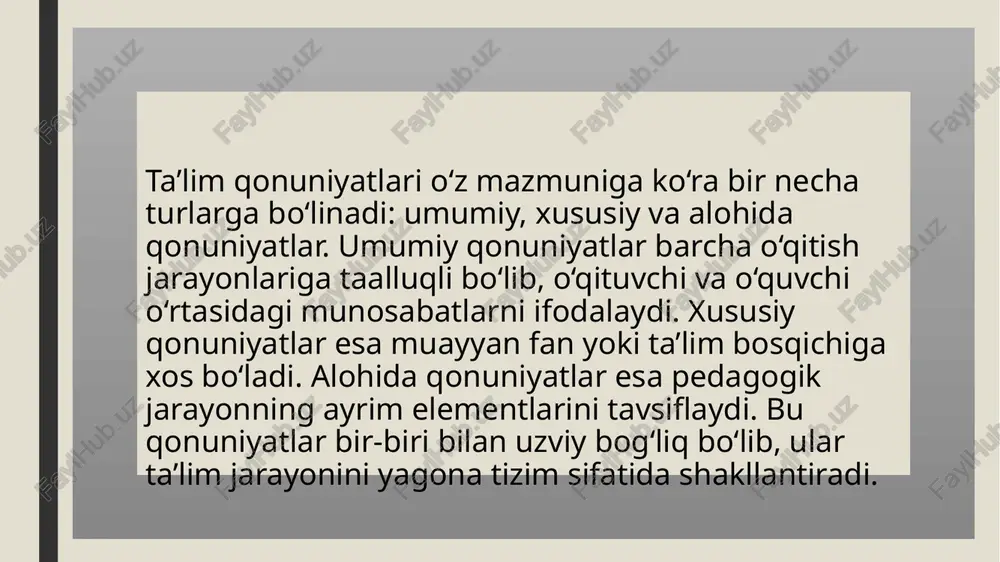 ta’lim, sun’iy intellekt tizimlari o‘qitish jarayonini yangicha bosqichga olib chiqmoqda. innovatsion qonuniyatlar o‘quvchilarning ijodiy fikrlashini va mustaqil ishlash malakasini oshiradi. o‘zbekiston ta’lim tizimidagi qonuniyatlar o‘zbekiston respublikasida “ta’lim to‘g‘risida”gi qonun va “kadrlar tayyorlash milliy dasturi” asosida ta’limning barqaror qonuniyatlari shakllantirilgan. ular uzluksizlik, bosqichlilik, insonparvarlik, milliylik va zamonaviylik tamoyillarini o‘z ichiga oladi. bugungi kunda ta’lim tizimida raqamlashtirish, kompetensiyaga asoslangan yondashuv va ilg‘or xorijiy tajribalar tatbiq etilmoqda. ta’lim qonuniyatlarini buzish oqibatlari agar ta’lim qonuniyatlariga rioya qilinmasa, o‘quv jarayoni samarasiz bo‘ladi. bilimlar yuzaki o‘zlashtiriladi, o‘quvchilarda mustaqil fikrlash shakllanmaydi, o‘qituvchi nazoratini yo‘qotadi. shu bois, pedagog har bir qonuniyatni dars rejasida amalda qo‘llashi zarur. xulosa ta’lim qonuniyatlari – bu o‘qitish jarayonining nazariy asosi va amaliy yo‘nalishidir. ular o‘qituvchi va o‘quvchi o‘rtasidagi o‘zaro ta’sirni boshqaradi, o‘quv faoliyatini tashkil etadi va ta’lim samaradorligini oshiradi. har bir pedagog o‘z faoliyatida ushbu qonuniyatlarga amal qilgan taqdirda, ta’lim tizimi sifatli va barqaror natijaga erishadi. foydalanilgan adabiyotlar o‘zbekiston respublikasi “ta’lim to‘g‘risida”gi qonuni. …