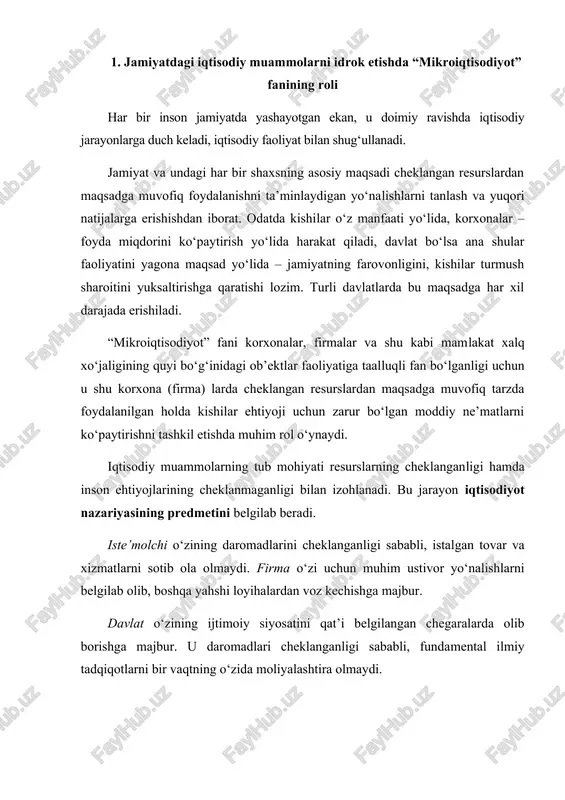 iriga aylanishi mumkin: masalan, suv. bir vaqtning o‘zida erkin va iqtisodiy bo‘lishi mumkin. qum (qurilishda yoki dengiz bo‘yida). shuning uchun bu resurslarni optimal ravishda taqsimlash va samarali foydalanish shart. iqtisodiy resurslar (ishlab chiqarish omillari) – quyidagi tarkibiy qismlarga bo‘linadi : 1. mehnat resurslari, mehnat 2. investitsion resurslar, kapital 3. tabiiy resurslar, yer 4. tadbirkorlik iqtidori, qobilyati va salohiyati. 5. axborot resurslari 6. bilim, boshqaruvchanlik qobiliyati. mehnat – aqliy va jismoniy qobiliyat orqali iqtisodiy ne’matlarni yaratish bo‘yicha insonning faoliyati. investitsion resurslar - ilgari inson mehnati orqali yaratilgan ne’matlar. real kapital – iste’molchilar uchun xizmatlar ko‘rsatishda tovarlar ishlab chiqarish va tashishda foydalaniladigan binolar, stanoklar, mashinalar, asbob – uskunalar, vositalar, inshoatlar va boshqalar. moliyaviy kapital – (ular, obligatsiyalar, bank depozitlari va pullari) ishlab chiqarish omillariga kirmaydi, chunki real ishlab chiqarish bilan bog‘liq emas, faqatgina real kapitalga erishishda foydalaniladigan bir vosita bo‘lib xizmat qiladi. yer – qishloq xo‘jaligi, shahar sanoat, tovar va xizmatlar ishlab …
