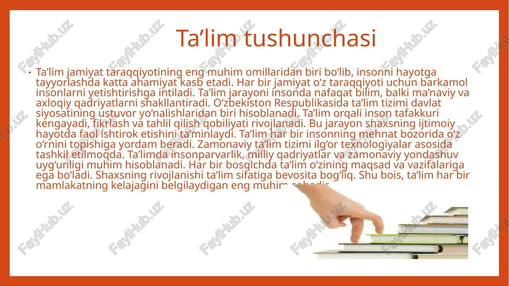 oblanadi. shuningdek, oliy ta’lim tizimi milliy kadrlar siyosatining poydevori sifatida qaraladi. kasbiy ta’lim insonni tanlagan kasbiga tayyorlashni maqsad qiladi. bu ta’lim turi ishlab chiqarish, xizmat ko‘rsatish yoki ilmiy sohalarga ixtisoslashgan bilimlarni beradi. kasbiy ta’limning ahamiyati shundaki, u jamiyat ehtiyojlariga mos malakali mutaxassislarni tayyorlaydi. kasbiy ta’lim tizimida nazariya bilan amaliyotning uyg‘unligi muhimdir. o‘quvchilarga kasbiy ko‘nikmalarni shakllantirish uchun amaliy mashg‘ulotlar tashkil etiladi. ta’lim jarayonida zamonaviy texnologiyalar, simulyatorlar va ishlab chiqarish amaliyotlari qo‘llaniladi. kasbiy ta’lim ishchi kuchi sifatini oshirishga xizmat qiladi. u mamlakatning iqtisodiy rivojlanishida muhim o‘rin egallaydi. har bir kasbiy ta’lim muassasasi o‘z yo‘nalishiga mos metodik yondashuvlardan foydalanadi. kasbiy ta’limning ahamiyati oliy ta’lim tizimi ta’lim shakllarining xilma-xilligi ta’lim turlarining umumiy tavsifi umumiy ta’limning mazmuni dars tushunchasi dars – bu o‘quv jarayonining asosiy tashkiliy shaklidir. u o‘quvchi va o‘qituvchi o‘rtasidagi o‘zaro faoliyat asosida bilimlarni o‘zlashtirishni ta’minlaydi. darsning maqsadi bilim berish, ko‘nikma hosil qilish va tarbiyaviy vazifalarni amalga oshirishdir. dars o‘zining aniq tuzilishi va …