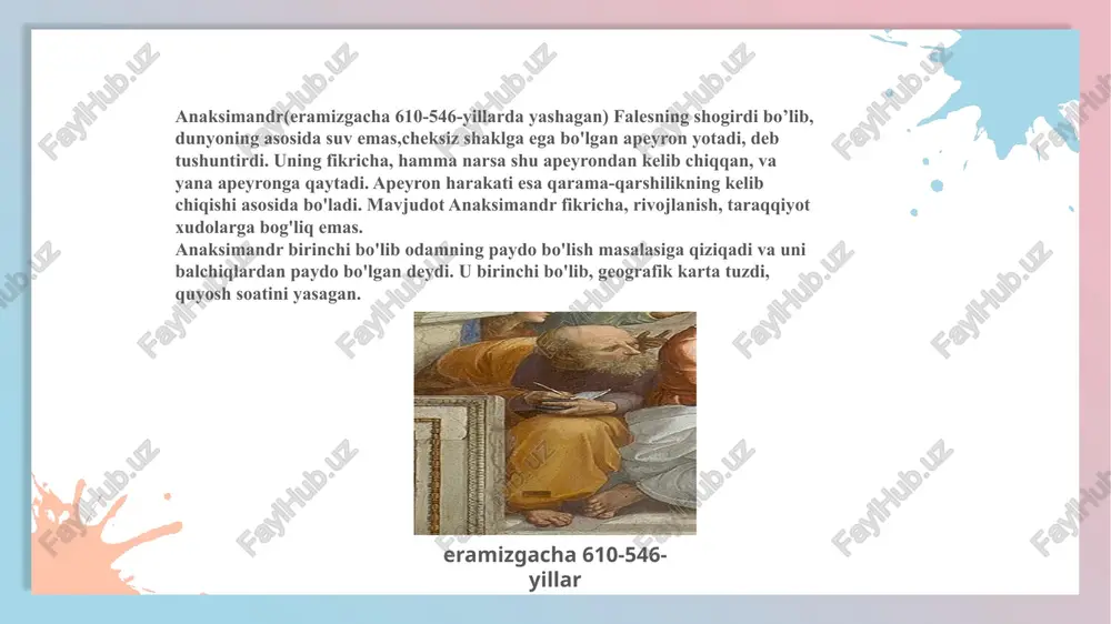 g fikricha, falsafa borliq to'g'risidagi fan, matematika va fizika borliqning ba'zi xususiyatlari to'g'risidagi fandir. aristotel platonning davlat nazariyasini tanqid qildi va quldorlik tuzumini tan oldi. u falsafa fanini amaliy faoliyatdan ajratib oldi, ya'ni bilim moddiy manfaatdan yiroq bo'lsa, ilmiyroq bo'ladi, deydi.aristotel' obyektiv tabiatni bilishni, bilimning asosiy sharti deydi, lekin u izchil materializm pozitsiyasiga o'ta olmadi. materiya aristotelning fikricha, passiv imkoniyat, shakl faol o'zgarish manbaidir. materiya bilan harakat o'rtasidagi bog'lanishni ko'rsatib, harakat, o'zgarishning manbai ekanligini aytsa-da, lekin harakat, buyumlarning ichki ziddiyatlarida ekanligini ko'ra olmadi. eramizgacha 384-322-yillar 10 g‘arbda ham, sharqda ham faylasuflar narsalar va hodisalarni o‘rganish, tahlil qilish, tushuntirishning o‘z metodlarini yaratganlar. yangi davr tadqiqotchilari, gegeldan boshlab, ikki asosiy falsafiy metod – dialektik va metafizik metodlarni ilgari surganlar. qadimgi dunyo falsafasi rivojlangan sharoitda bu metodlar faylasuflar tomonidan ongli ravishda idrok etilmagan. ular stixiyali, aniqroq aytganda, falsafiy ta’limotlar, tizimlar va qarashlarga ichdan xos bo‘lgan metodlar sifatida amal qilgan. faylasuflar, odatda, hodisalarning umumiy …