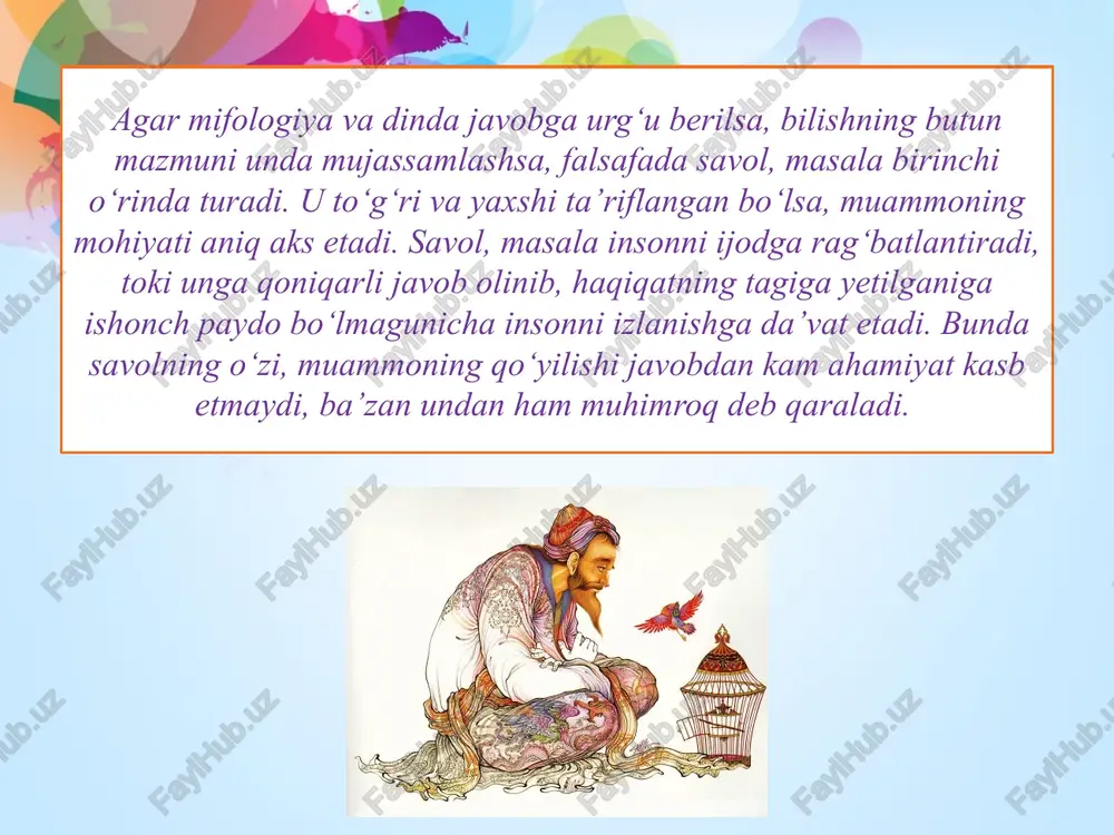 fiy tafakkurining yirik namoyandalari orasida markaziy osiyolik mashhur faylasuf, qomuschi-olim, yaqin va o‘rta sharqda aristotelizm asoschilaridan biri forobiy, buyuk faylasuf va tabib ibn sino (avitsenna), atoqli astronom, matematik, shoir va mutafakkir umar xayyom, tabib va faylasuf ibn rushd (averroes) bor. abu nasr muhammad ibn tarxon al forobiy (870-950, asarlari: kitob-ul xuruf, fozil odamlar shahri, ehsoul ulum, siyosat falsafasi, fuqarolik siyosati) falsafa va tabiiy fanlar tarixiga oid yuzga yaqin asar muallifidir. u fanlar bilish vositalari ekanligidan kelib chiqqan. bunda mutafakkir nazariy (mantiq, falsafa, tabiiy fanlar) va amaliy (axloq, siyosat) fanlarni farqlagan. aynan falsafa insonga borliqning mohiyatini tushunish imkonini beradi. borliq «yagona» va ayni vaqtda «ko‘p»dir. borliqning mazkur holati emanatsiya, ya'ni «yagona» muhitdan borliqning turli muhitlari kelib chiqishi mahsulidir. forobiy asarlarida dunyo bir-biriga kiruvchi to‘qqiz gumbaz ko‘rinishida namoyon bo‘ladi. bu gumbazlarda ularning yer atrofida aylanishi sababi hisoblangan jonlar yashaydi. gumbazlar o‘z harakatini dastlabki turtkidan boshlagan. forobiy dunyoning rang-barangligini tushuntirish uchun aristotelning shakl …