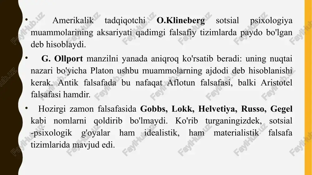 odamlar bir birlariga ta’sirlarini o‘tkazishga moyildirlarki bu narsa ular o‘rtasidagi munosabatlarini boshqarib turadi. sobiq ittifoq davlatlarida, birinchi navbatda rossiyada sotsial psixologiya xx asrning 20-yillaridan boshlab rivojlana boshladi. bu borada rus sotsial psixologiyasining asoschisi deb haqli ravishda vladimir mixaylovich bexterev(1857- 1927)ni ko‘rsatish mumkin. u o‘zining refleksologiya nazariyasi doirasidan shaxs xulq-atvorining motivlarini tushuntirishga uringanlardan biridir. bexterevdan keyingi olimlar, y.vasilev «biologik sotsiologiya», m.a.reysner «ommaviy psixologiya», l.n.voytolovskiy «jamoa psixologiyasi» ham reflekslar qonunini mexanik tarzda sotsial psixologik jarayonlarni tushuntirishga ko‘chirish bo‘ldi 30-yillarda a.s.makarenko, a.zalujniy, l.s.vigotskiy, n.k.krupskaya va boshqa qator olimlar o‘z nazariy qarashlarini marksizm bilan bevosita bog‘lab, jamoa va shaxs nazariyasini yaratdilar. ular shaxsning shakllanishida sotsial muhitning, jamoaning rolini, ta’lim-tarbiyaning ahamiyatini isbotlashga urindilar. lekin, 40-60 yillar sotsial psixologiya taraqqiyotida nisbatan sokinlik davri bo‘ldi. chunki psixologiya sohasida olib borilgan tadqiqotlar ichida sotsial psixologik tadqiqotlar yo‘q hisob edi. bu fan rossiyada va boshqa sobiq ittifoqdosh davlatlarda 70- yillardan keyin keskin rivojlana boshladi. o‘zbekistonda sotsial psixologik tadqiqotlarning o‘rni …