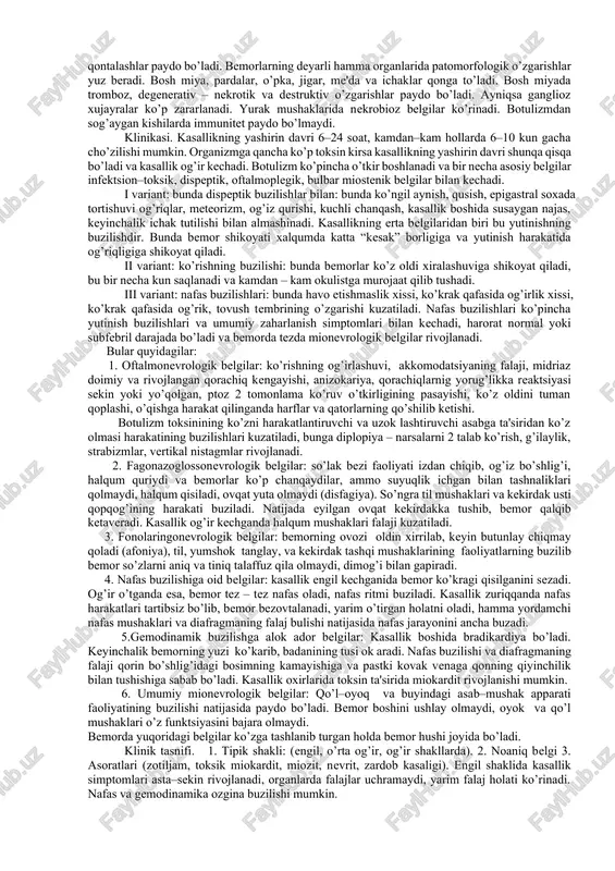 subfebril bo’ladi. ba'zi hollarda bemor najasida yalqi va qon ko’rinadi. bakterium vulgaris qo’zg’atgan toksikoinfeksiyada asosan o’tkir gastrit belgilari paydo bo’ladi. ovqat toksikoin- fektsiyalaridan suv, tuz almashinuvi buzilishlari yuzaga kelib yo’qotilgan suyuqlik miqdori ko’pincha bemor tana massasining 3-6 % ni tashkil qiladi. tashxisoti. ovqat toksikoinfeksiyasi tashxisoti klinik belgilar kompleksi, epidemiologik va laboratoriyaviy ko’rsatkichlar asosida qo’yiladi. klinik belgilaridan qisqa yashirin davrdan so’ng kasallikning yuzaga chiqishi, gastrit, gastroenterit yoki gastroenterokolit belgilarining zaharlanish, suvsizlanish bilan birga qisqa kechishi bilan xarakterlanadi. epidemiologik ma'lumotlar ba'zan masalani hal qiluvchi rol o’ynaydi. bir xil ovqatni iste'mol qilgan bir nechta odamning bir vaqtda kasallanishi tashxisot uchun muhimdir. yashirin davrning qisqaligi, kasallik belgilarining tez avj olib borishi, umuman kasallikning qisqa muddat davom etishi va qon tomirlar zaharlanganiga oid belgilar bo’lishi tashxisni osonlashtiradi. periferik qonda leykotsitoz yoki leykopeniya tayok cha yadrolar hisobiga neytrofillyoz, neytrofillarning toksik donadorligi, siydikda esa leykotsituriya, eritrotsituriya, 40% hollarda proteinuriya aniqlanadi. davosi. ovqat toksikoinfeksiyasida avvalo me'dani bir necha …