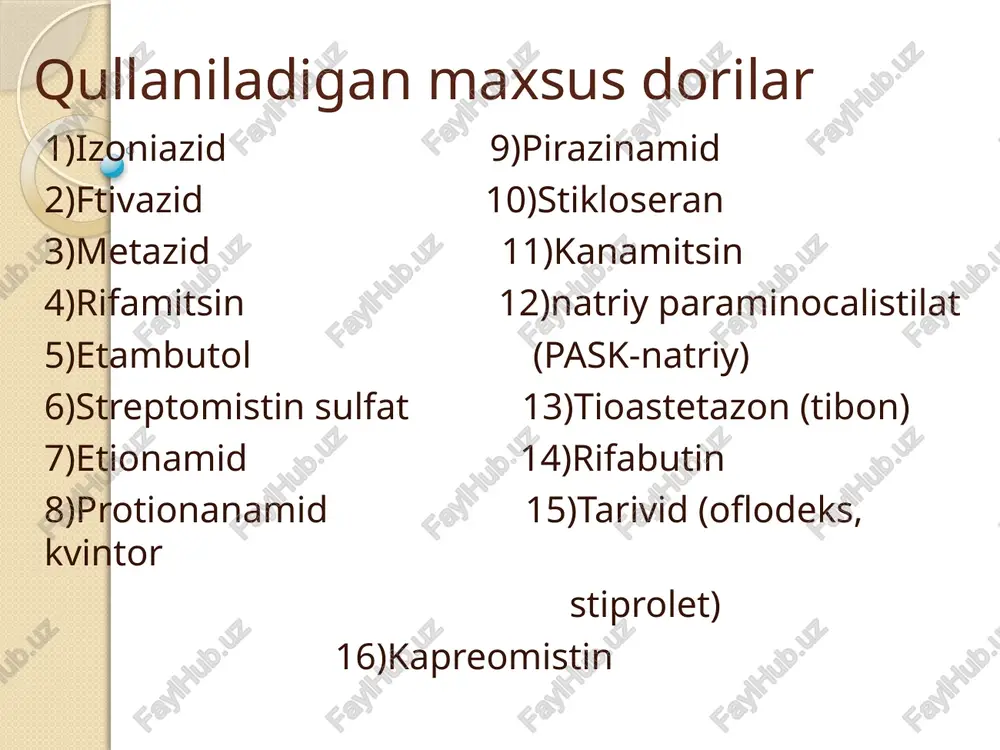 ostatik ta’sirga ega. streptomitsin, izoniazid, pask larga chidamli mikobakteriyalarga qarshi ta’sir ko'rsatadi. me’da-ichakdan yaxshi so'riladi, peshob bilan chiqib ketadi. silning hamma turlarini davolashda boshqa mikobakteriyalarga qarshi moddalar bilan birga, ayniqsa rifampitsin bilan qo'llanganda ta’siri sezilarli bo'ladi. etambutol qo'llanganda yo'tal, balg'am ko'payishi, bosh aylanishi, dispeptik, depressiya holatlari, ko'z xiralashishi mumkin. homiladorlikda, ko'z kasalliklarida qo'llash man etiladi. tioatsetazon (tibon) faqat sil, moxov mikobakteriyalariga qarshi bakteriostatik ta’sir ko'rsatadi. tioatsetazon silning o'pkadan tashqari turlarida - shilliq, seroz pardalar, limfatik bezlar silida qo'llanadi, modda me’da-ichakdan yaxshi so'riladi, jigardametabolizmga uchraydi, asosan buyrak orqali chiqib ketadi. tioatsetazonga mikobakteriyalar chidamli bo'lib qoladi, kuchli zaharli modda, qonda anemiya, leykopeniya, agranulotsitoz paydo qiladi, buyrak, jigami jarohatlaydi, allergik jarayonlam i keltirib chiqaradi, ushbu a’zolar kasalliklarida tioatsetazonni qo'llash man etiladi. maxsus endolimfatik kimyoterapiya o'tkazish uchun qarshi moneliklar 1) oyoqlar elefantizmi; 2) anamnezda elt da qo'llaniladigan preparatlarga allergik reaktsiyalar (tez rivojlanadigan turlarida) mavjudligi; 3) tovonlarning yiringli kasalliklari; 4) dekompensatsiya bosqichidagi qon aylanishi etishmovchiligi. …