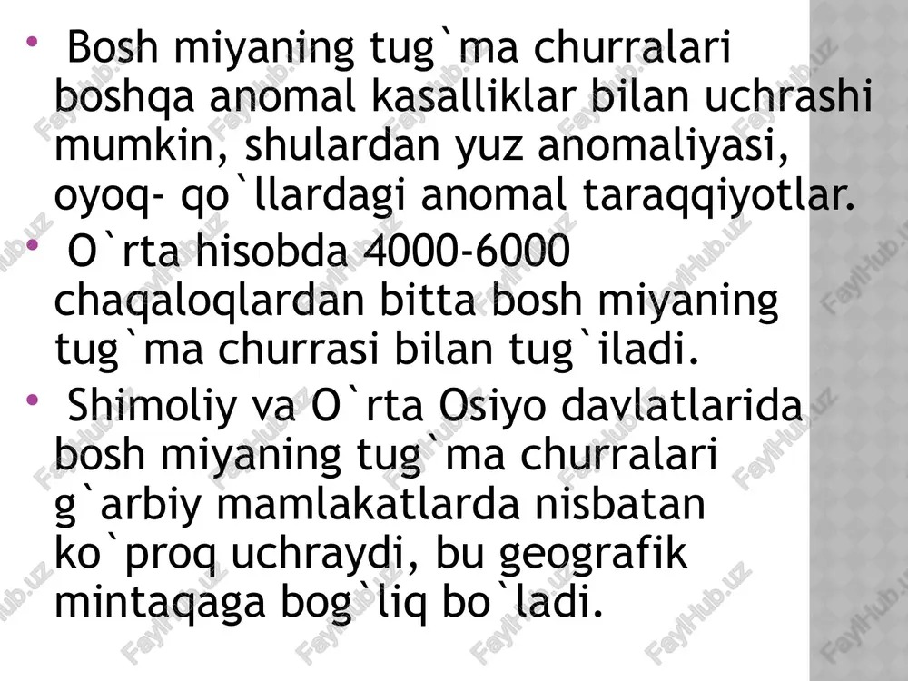 eratsiyaga qarshi ko`rsatmalar: churraning og`ir xili ekzentefaliya bilan qo`shilishi tez rivojlanib boruvchi gidrotefaliya meningit, meningoensefalit aqliy rivojlanishni orqada qolishi (debil, imbetil) yashab qolish imkoniyati bo`lmagan bemorlarda operatsiyaga vaqtinchalik qarshi ko`rsatmalar: yiringli dakrotistit va konyuktivit ekstrakranial va intrakranial davolash usullari qo`llaniladi oldinga va asosidagi churralar ikki bosqichda davolanadi: intrakranial bosqich ekstrakranial bosqich orqadagi bosh miyani churralari ekstrakranial usulda davolanadi operatsiyaning asosiy maqsadi churra qopini plastikasi va kalla suyagidagi nuqson teshigini bartaraf qilish. bosh miya tug`ma churralarini jarrohlik usulida davolash image1.jpeg image2.png image3.png image4.png image5.png image6.png image7.png image8.png image9.png image10.png image11.png image12.png /docprops/thumbnail.jpeg
