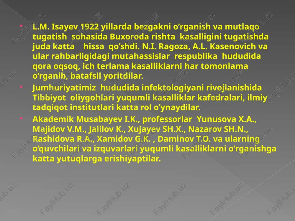 alliklarning qo’zg’atuvchilari faqat bemorning qonida bo’ladi. shu sababdan bu kasalliklar faqat qon so’radigan hashoratlar chaqishi orqaligina yuqadi. bu kasalliklar o’z navbatida ikki guruhchaga bo’linadi. 1) tipik qon orqali yuqadigan kasalliklardan ( malya-riya, rikketsiozlar, qaytalama tiflar, pappatachi, denge, leyshmanioz, endemik ensefalitlar, sariq isitma, tripanosomalar, folyariozlar ) 2) boshqa hamma qon orqali yuqadigan yuqumli kasalliklar eronozdirlar va ikkinchi guruhchani tashkil qiladi (o’lat, tulyaremiya ). bu kasalliklar kiyim - kechak , bosh kiyimi, choyshab, yostiq jildi, idish- tovoq, kunlik ishlatadigan buyumlar, suv, ifloslangan qo’l orqali yuqadi. kamdan - kam kasallik bemor bilan bevosita kontakda bo’linganda yuqadi (venerik kasalliklar, kuturish). organizmning kasallik tug’diruvchi mikroblari va tabiatan infeksion bo’lgan moddalarga berilmasligi immunitet deb ataladi. immunitet (lotincha immunitas - biror narsadan xolos bo’lish degan so’zdan olingan). immunitet asosida tirik organizmlarning genetik jihatdan yot bo’lgan molekulyar strukturalarni tanib, ajratib olish layoqati yotadi. immunitet mexanizmlari va omillari organizmni infeksion kasalliklarga berilmaydigan qilib qo’yishdan tashqari, ko’chirib o’tkazishda organ va …