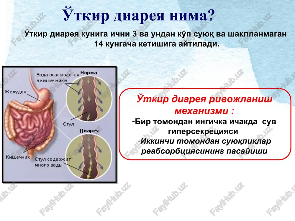 usgandan so'ng, engillik sezadi diareya – profuz, sassiq hidli, shilliqli qorinni kepchishi gepatomegaliya logo gastroenterokolitik varianti shu simptomlarga: ichni tez-tez kelishi, shilliq, qon aralash, tenezmlar, yolg'on chaqiriqlar qo'shiladi logo o'tkir dizenteriya kolitik turining o'rta og'ir kechishi o'tkir boshlanadi – qaltirash, t= 39 – 40s, anoreksiya, bosh og'rig'i, ko'ngil aynishi, qorinda keskin og'riq, tenezmlar kuzatiladi. ich kelishi sutkasiga 10-20 martagacha, qon shilliq aralash, ba'zan kam miqdorda, "rektal ichak tufigi» ko'rinishida bo'ladi. logo bakteriyalar chaqiradigan ovqatdan zaxarlanishining asosiy xususiyatlari kasal odamdan sog'lom odamga yuqmaydi. kasallik organizmga ko'p miqdorda ovqat bilan mikrob tushganda rivojlanadi. saprofitik quzg'atuvchilarning patogen shtammlari kasallik chaqiradi. ovqat maxsulotlarining organoleptik xususiyatilari o'zgarmaydi. logo ovqat toksikoinfektsiyalarini klinik – patognetik xususiyatlari. dispeptik sindrom – ekzotoksinni oshqozon va ingichka ichakka maxalliy ta'siri, kungil aynish, qusish, epigastral soxada og'riq, ishtaxani pasayishi. umumiy toksik sindromlar – ekzotoksinni qonda yuqori va organizmga umum toksik ta'siri. degidratatsiya va deminiralizatsiya sindromi – ko'p miqdorda suv va elektrolitlarning yo'qotilishi, …
