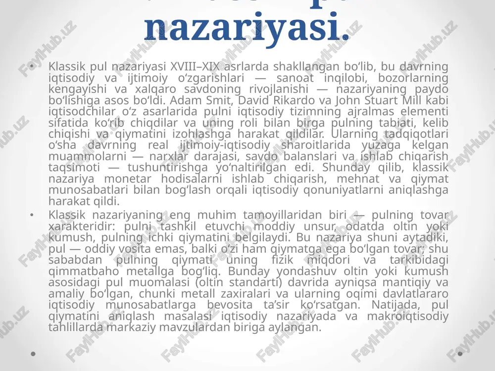 chiqqan: mv=pq bu yerda: m – muomaladagi pul miqdori, v – pulning aylanish tezligi, p – narxlar darajasi, q – ishlab chiqarilgan tovarlar hajmi. ushbu tenglamaga ko‘ra, narxlar darajasi (p) pul miqdori (m) bilan to‘g‘ridan-to‘g‘ri bog‘liq, ya’ni pul ko‘paygan sari narxlar ham oshadi. shu sababli, fisher pul massasini nazorat qilish orqali inflyatsiyani boshqarish mumkin, deb hisoblagan. kembrij maktabi iqtisodchilari esa ushbu yondashuvni biroz o‘zgartirib, pulga bo‘lgan sub’yektiv talab omillariga e’tibor qaratganlar. ular aholining o‘z daromadining ma’lum qismini naqd pulda saqlash istagini tahlil qilganlar. ularning fikricha, pulning iqtisodiyotdagi roli nafaqat tovar ayirboshlash vositasi sifatida, balki boylikni saqlash vositasi sifatida ham muhim ahamiyat kasb etadi. neoklassik nazariya pulning muomaladagi miqdorini iqtisodiy barqarorlikka bevosita ta’sir etuvchi asosiy omil deb biladi. shu sababli, u zamonaviy monetar siyosatning nazariy asosi sifatida xizmat qiladi. 3. keynesian pul nazariyasi. keynesian pul nazariyasi xx asrning 30-yillarida buyuk britaniya iqtisodchisi jon meynard keynes tomonidan ishlab chiqilgan. bu nazariya klassik …