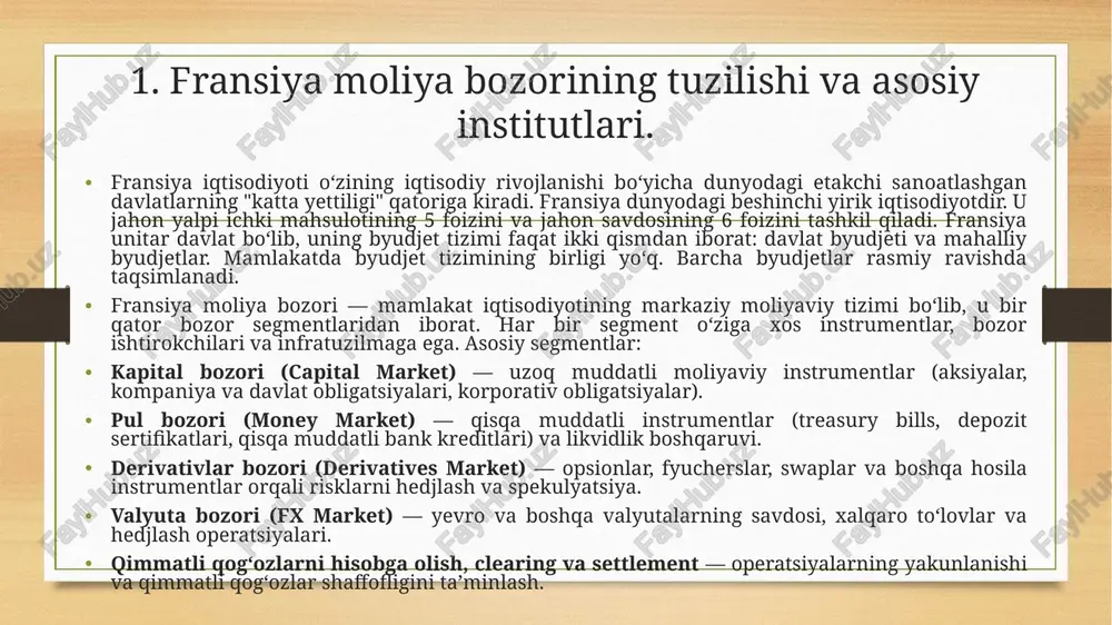 adi. 2022-yili euronext paris’ga ro‘yxatga olingan kompaniyalar kombinatsiyalangan bozor kapitalizatsiyasi 4,58 trillion aqsh dollariga teng bo‘lgan. euronext paris yevropada london birjasidan keyin ikkinchi yirik aksiyalar bozori hisoblanadi. misol uchun, fransiyaning bozor kapitali bir paytlar 3,13 trillion dollar atrofida baholangan va bu london stock exchange’ga yaqin o‘rinni egallagan holatga olib kelgan. yangi ipo misoli: 2024-yilda fransuz dasturiy ta’minot kompaniyasi planisware euronext parista ipo qilinib, 1,11 milliard yevro qiymatga baholangan. euronext’ning o‘sishi tufayli uning bozor qiymati 2025-yilga kelib ~ 14 milliard yevroga yetishi mumkinligi haqida xabarlar mavjud. 2. fransiya moliya bozorining rivojlanish tendensiyalari va muammolari. fransiya moliya bozori so‘nggi yillarda bir nechta asosiy yo‘nalishda rivojlanmoqda: bozor kapitalizatsiyasining tiklanishi va yirik likvidlik, yashil (green) obligatsiyalar va barqaror moliyalashning o‘sishi, fintech ekotizimining tezlashuvi hamda fond birjalari va aktivlar boshqaruvi segmentlarining xalqaro integratsiyasi. euronext orqali birjada ro‘yxatlangan kompaniyalar va umumiy bozor kapitallashuvi yevropa miqyosida katta vaznni egallaydi; masalan, mamlakat bozor kapitalizatsiyasi 2024–2025 yillarda terabaytdan (yarim …