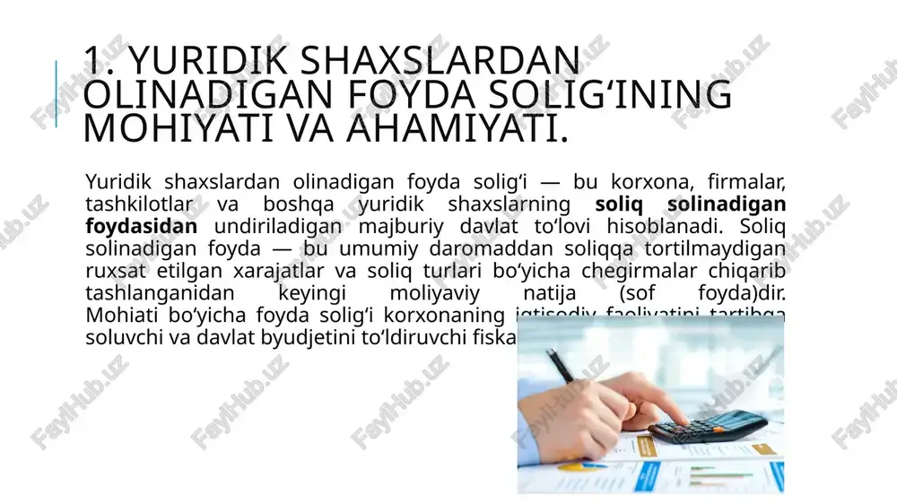 000 400 000 000 – 60 000 000 3. foyda solig‘ining tahlili va iqtisodiyotga ta’siri. foyda solig‘i nafaqat byudjet daromadini ta’minlaydigan fiskal vosita, balki iqtisodiy faoliyatga, investitsiya qarorlariga, raqobat muhitiga va korporativ xulq-atvorga sezilarli ta’sir ko‘rsatadi. ushbu bo‘limda foyda solig‘ining ijobiy va salbiy ta’sirlari, tahlil usullari, indikatorlar, hamda siyosiy choralar va tavsiyalar keltiriladi. foyda solig‘ining ijobiy iqtisodiy ta’sirlari. byudjet daromadlarini oshirish: soliq mamlakat byudjetini moliyalashtirish uchun barqaror manba bo‘lib xizmat qiladi, bu orqali ijtimoiy sohalar, infratuzilma va davlat xizmatlari moliyalashtiriladi. adolatli soliq yukini taqsimlash: yirik korxonalar va yuqori foyda oluvchi sub’yektlar orqali soliq qayta taqsimlash funktsiyasi amalga oshiriladi. raqobat va samaradorlikni rag‘batlantirish: soliq siyosati orqali monopolistik xulqni kamaytirish, samarali korxonalarni qo‘llab-quvvatlash mumkin (masalan, imtiyozlar orqali yangi texnologiyalarni joriy etish). makroiqtisodiy boshqaruv vositasi: fiskal siyosat elementi sifatida soliqlar iqtisodiy tsikllarni yumshatish yoki rag‘batlantirishda ishlatiladi (misol: depressiya davrida soliq imtiyozlari). foyda solig‘ining salbiy ta’sirlari; investitsiyalar uchun salbiy signallar: yuqori foyda solig‘i darajalari …