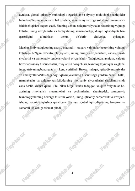 lar bozorining rivojlanishi texnologik yutuqlar, global integratsiya va raqamli valyutalar paydo bo‘lishi bilan yangi bosqichga o'tmoqda. forex bozorining kengayishi, algoritmik savdo va raqamli valyutalar, bozorning murakkablashishiga olib kelmoqda va bu jarayonlar, bir tomondan, savdo imkoniyatlarini kengaytirayotgan bo‘lsa, ikkinchi tomondan, moliyaviy xavflarni oshirmoqda. valyuta manipulyatsiyalari, spekulyatsiya va valyuta risklari kabi muammolar, ayniqsa, global iqtisodiy sharoitlarning o‘zgarishi bilan yanada muhim bo‘lib qolmoqda. bu muammolarni hal qilish uchun yangi tartibga solish mexanizmlari, xalqaro hamkorlik va texnologik yondashuvlar ishlab chiqilmoqda. shu bilan birga, xalqaro valyutalar bozorining vujudga kelishiga ob'ektiv ehtiyojlar, uning iqtisodiy va siyosiy muvofiqligi, ehtiyojlar va xavflarni boshqarish, shuningdek, iqtisodiy barqarorlikni ta'minlash bilan bog‘liqdir. bu ehtiyojlar, ayniqsa, iqtisodiy aloqalarning kengayishi, savdo hajmining oshishi va moliyaviy xavflarning global miqyosda tarqalishini hisobga olgan holda yuzaga kelgan. ularning rivojlanishi va faoliyati, shuningdek, xalqaro iqtisodiy siyosatlarning samaradorligini oshirishga xizmat qiladi. xulosa qilib aytganda, xalqaro valyutalar bozorining vujudga kelishiga ob'ektiv ehtiyojlar, xalqaro iqtisodiy aloqalar, ehtiyojlar va xavflarni boshqarish, …