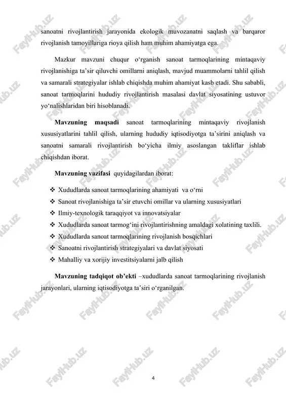 jlanish xususiyatlarini tahlil qilish, ularning hududiy iqtisodiyotga ta’sirini aniqlash va sanoatni samarali rivojlantirish bo‘yicha ilmiy asoslangan takliflar ishlab chiqishdan iborat. mavzuning vazifasi quyidagilardan iborat: · xududlarda sanoat tarmoqlarining ahamiyati va o‘rni · sanoat rivojlanishiga ta’sir etuvchi omillar va ularning xususiyatlari · ilmiy-texnologik taraqqiyot va innovatsiyalar · xududlarda sanoat tarmog‘ini rivojlantirishning amaldagi xolatining taxlili. · xududlarda sanoat tarmoqlarining rivojlanish bosqichlari · sanoatni rivojlantirish strategiyalari va davlat siyosati · mahalliy va xorijiy investitsiyalarni jalb qilish mavzuning tadqiqot ob’ekti –xududlarda sanoat tarmoqlarining rivojlanish jarayonlari, ularning iqtisodiyotga ta’siri o‘rganilgan. i.bob. xududlarda sanoat tarmog‘ini rivojlantirishning ilmiy-nazariy asoslari 1.1. xududlarda sanoat tarmoqlarining ahamiyati va o‘rni. iqtisodiyot keng ma’noda – bu bir tomondan, o’ziga xos qonunlar asosida rivojlanadigan ishlab chiqarish va noishlab chiqarish tarmoqlarini birlashtirgan xo’jalik bo’lib, ikkinchi tomondan iqtisodiyot, yuqori mehnat unumdorligiga erishish, aholini turmush darajasini yaxshilash va cheklangan resurslardan unumli foydalanish maqsadida iqtisodiy qonunlarni o’rganish bilan shug’ullanadigan eng qadimiy fanlardan biridir. iqtisodiyotning 3 xil tushunchasi …