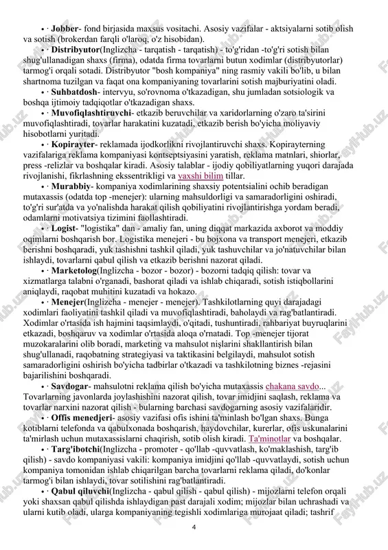 lari reklama qilayotgan mahsulotlarning mavjudligi va namoyish qilinishini kuzatadilar savdo nuqtasi raqobatchilar narxlarini kuzatib boring. · nazoratchilar - promouterlar va savdogarlar guruhining etakchilari - etakchilik va tashkiliy ko'nikmalarga, tizimli fikrlashga, rejalashtirish ko'nikmalariga ega bo'lishlari kerak. ijtimoiy kasblar: ta'lim va tibbiyot ta'sir axborot texnologiyalari keyingi o'n yilliklarda ta'lim tizimini tanib bo'lmas darajada o'zgartiradi. · veb -psixolog bolalarni internetda ijtimoiylashtirishning o'ziga xos xususiyatlarini tushunadi. · onlayn platforma kuratorining vazifalariga quyidagilar kiradi: masofadan o'qitish kurslarini tuzish, talaba va o'qituvchi o'rtasidagi muloqot muammolarini hal qilish. · kelajakdagi jismoniy murabbiyni turmush tarzi bo'yicha murabbiy deb hisoblash mumkin. u darslarni rejalashtirishi, muntazam mashqlarni nazorat qilishi, uyqu va ovqatlanish haqida maslahat berishi kerak. · yaratmoq o'yin stsenariylari va ularga moslashing o'quv dasturi o'yinchi bo'ladi. · miya murabbiyining asosiy vazifasi - o'quvchining diqqatini jamlash va samaradorligini oshirish. hali ham mahalliy oliy o'quv yurtlarida o'qitilmaydigan xxi asr kasbi - murabbiy. u ham psixolog, ham murabbiy va maslahatchi. bu xodimlarning …