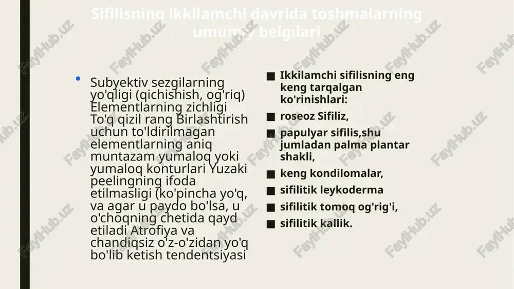 hi yashirin meningit o'tkir umumiy meningit bazal (subakut) meningit sifilitik gidrosefali erta meningovaskulyar sifilis meningomiyelit nevritlar sezgi organlarining shikastlanishi erta sifilitik eshitish qobiliyatini yo'qotish parenximal keratit sifilitik uveit sifilitik xorioretinit optik nevrit yurak-qon tomir tizimining shikastlanishi sifilitik miokardit-ikkilamchi sifilisda yurak shikastlanishining eng keng tarqalgan shakli jigar shikastlanishi o'tkir sifilitik gepatit ovqat hazm qilish traktining shikastlanishi o'tkir sifilitik gastrit sifilitik oshqozon yarasi buyrak shikastlanishi sifilitik nefroz sifilitik nefrit mushak - skelet tizimining shikastlanishi sifilitik poliartrit sifilitik artralgiya sifilitik periostit va osteomiyelit 23 uchinchi darajali sifilis ko'pincha u kasallikning 3-5 yilida rivojlanadi. uchinchi darajali sifilisning klinik ko'rinishlari lokalizatsiya qilingan, organikdir, ular proliferativ emas, balki halokatli o'zgarishlar bilan ajralib turadi, ular chandiq yoki chandiq atrofiyasini qoldiradilar. tuberkulyoz va gumm shaklidagi shikastlanishlar har qanday organ va to'qimalarda rivojlanishi mumkin, ammo ko'pincha teriga va shilliq pardalarga, suyaklarga, qon tomir va asab tizimlariga, ichki organlarga ta'sir qiladi. uchinchi davr terisining stfilidlari-tuberkullar va gummalar - patogenologik jihatdan …