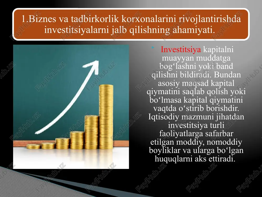 a, iqtisodiyotning yuragi, desak, mubolag‘a bo‘lmaydi” investitsiyaning xuquqiy jihati investitsiya faoliyatining samarali tashkil etilishi uning huquqiy jihatdan ta’minlanganlik darajasiga ham bog‘liqdir. o‘tgan yillar davomida to‘g‘ridan-to‘g‘ri investitsiyalarni jalb etish uchun qulay investitsiya muhitini shakllantirish, chet el investitsiyalari ishtirokidagi korxonalarning samarali faoliyat yuritishi uchun bir qator islohotlar amalga oshirildi.ammo, sohada yutuqlar bilan bir qatorda ayrim kamchiliklar ham mavjud. xususan, amaldagi investitsiya to‘g‘risidagi qonun hujjatlari huquqni qo‘llash amaliyotida ayrim murakkabliklarni keltirib chiqarayotgan edi. investitsiya faoliyati va chet el investorlari huquqlarini himoya qilish bilan bog‘liq aksariyat tartib-taomillar tarqoq holda bir nechta qonunlar bilan tartibga solinganligi, aksariyat qoidalarning takrorlanishi, shuningdek ayrim muhim masalalar qonun darajasida emasligi, nizom va yo‘riqnomalar bilan belgilanganligi ular o‘rtasida ba’zi nomuvofiqlik va qarama-qarshiliklarni vujudga keltirayotgan edi. investitsiyalar va investitsiya faoliyati to‘g‘risida”gi qonun o‘zbekiston respublikasi prezidenti tomonidan 2019 yil 25 dekabr kuni imzolandi va rasmiy e’lon qilingan kundan e’tiboran bir oy o‘tgach kuchga kirishi belgilab qo‘yildi. tuzilishiga ko‘ra 12 bob, 69 moddadan …