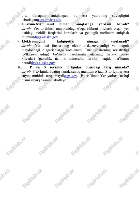zonalarining joylashuvi aniqlanadi. ushbu usullar birgalikda qo‘llanilib, yer ichki qatlami harorat-tuzilish xaritasi, zichlik modellari va boshqa strukturasini chuqur tahlil qiladi. test savollari va javoblari 1. yer necha milliard yil oldin paydo bo‘lgan deb hisoblanadi? javob: taxminan 4,6 milliard yil oldin. 2. nebulyar nazariyaga ko‘ra, quyosh tizimi qanday hosil bo‘lgan? javob: dastlab yirik gaz-chang buluti gravitatsiya ta’siri bilan siqilib, markazida quyosh va undan chetda tekis protoplanet diski hosil bo‘ldi; diskdagi chang zarralari tortishish kuchi orqali planetesimalarga, keyin sayyoralar va yerni hosil qildigeo.libretexts.orgbritannica.com. 3. planetesimal nazariyasi nima deydi? javob: sayyoralar kichik jismlar – planetesimalar yig‘ilib kattalashishi (akkretsiyasi) natijasida hosil bo‘lgan. bu nazariyaga ko‘ra, dastlabki chang/gaz diskidagi kichik zarralar bir-biri bilan to‘qnashib yopishib, protoplanetalarni paydo qiladibritannica.com. 4. yer qobig‘ining (po‘st) qalinligi qancha? javob: okean tubida taxminan 5 km, kontinental materiklarda o‘rtacha 30 km (tog‘lar ostida ~100 km) ga tengpubs.usgs.gov. 5. yer po‘stida eng ko‘p uchraydigan elementlar qaysilar? javob: kislorod (o) va kremniy (si) …