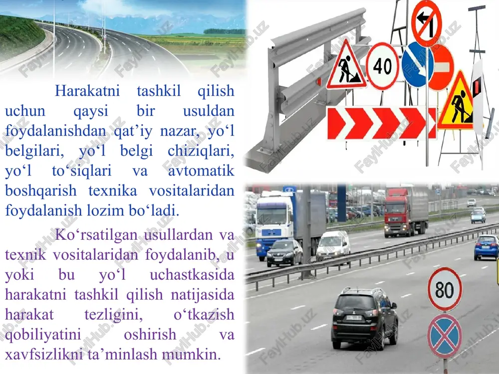 chanadi. bunday parametrlarni o‘lchovchi asboblarni odatda transport detektorlari deb ataladi. transport oqimining tavsiflarini aniqlashda quyidagi o‘lchash usullaridan foydalaniladi: mexanik-kontaktli; induktiv-magnitli; impulslab zondlash; avtomobillarni nurlash; fotografik televizion; maxsus avtomobil boshlagich. yo‘l sharoiti harakat tartibini belgilaydigan eng asosiy ko‘rsatkich bo‘lib, u harakat tartibining qulayligini va xavfsizligini aniqlaydi. yo‘l sharoiti o‘z ichiga yo‘lning geometrik parametrlarini, uning transport foydalanishi tavsiflarini, yo‘lning barcha muxandislik inshootlarini jamlaydi. bu keltirilgan ko‘rsatkichlarning har biri yo‘lning ishlash holatiga, avtomobil harakati bilan yo‘l orasidagi vaziyatga, haydovchining ruhiy holatiga va oqibatda yo‘ldagi transport vositalari rejimiga va harakat xavfsizligiga ta’sir ko‘rsatadi. transportdan foydalanish tavsiflari quyidagi usullar va asboblar yordamida aniqlanadi. 1. tishlashish koeffitsienti: - maxsus oddiy asboblar (mayatnik usulida ishlaydigan, dinamometrik aravachalar); - tormoz berish orqali (avtomobil yoki «pkrs» yordamida); 2. yo‘l to‘shamasining mustahkamligi: - progibomer; - dinamik urish orqali; 3. ravonlik: - 3 metrli reyka yordamida; - profilometrlar; - tolchkometrlar; - vertikal tebranishni o‘lchash orqali; 4. g‘adir-budirlik: - miroprofilometrlar; - «qumli …