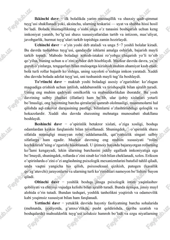 a sezilarli iz qoldiradi. aqshda individual tajriba va bilimlarni o’zlashtirish (ko’nikish) nazariyasi keng tarqalgan. mazkur nazariyaga binoan, shaxsning hayoti va voqyelikka munosabati, ko’nikmalarni egallashi va bilimlarni o’zlashtirishi qo’zg’atuvchining barqarorligiga bog’liqdir. k.levin tavsiya qilgan “fazoviy zarurat maydoni” nazariyasi o’z davrida muhim ahamiyat kasb etgan. k.levin nazariyasiga ko’ra, shaxsning xulqi (xatti-harakati) psixologik kuch vazifasini o’tovchi ishtiyoq (intilish), maqsad (niyat) bilan boshqarilib turadi, bu kuchlar fazoviy zarurat maydonining ko’lamida tayanch nuqtasiga yo’nalgan bo’ladilar. yuqorida ifodalangan har bir nazariya shaxsning ijtimoiy xulqini o’zgalar uchun yopiq yoki maxfiy muhitning xususiyatlaridan kelib chiqqan holda tushuntiradi, bunda u odam xohishi yoki xohlamasligidan qat’i nazar, mazkur sharoitga moslashmog’i (ko’nikmog’i) zarur, degan qoidaga amal qiladi. bizningcha, barcha nazariyalarda inson hayotining ijtimoiy-tarixiy, obyektiv shart-sharoitlari mutlaqo e’tiborga olinmagan. psixologiyada psixogenetik yondashish ham mavjud bo’lib, u biogenetik va sosiogenetik omillarning qiymatini kamsitmaydi, balki psixik jarayonlarning rivojlanishini birinchi darajali ahamiyatga ega deb hisoblaydi. mazkur yondashishni uchta mustaqil yo’nalishga ajratib tahlil qilish mumkin va …
