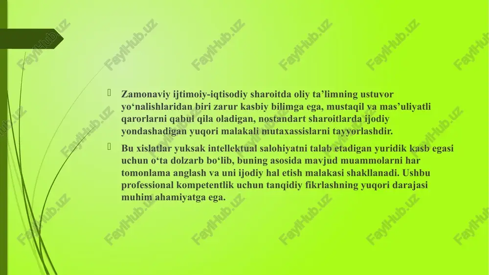 z kerak. doim burningiz ostida bo‘lgan, siz o‘zingizga tegishli deb qabul qilgan narsalarga e’tibor bering. buning ustiga bu faqatgina buyum emas, balki sizning va begonalarning xulq-atvori, har xil istehzoli holatlar va jumlalarning noodatiy qurilishi bo‘lishi mumkin. bularni kuzatganingizda, sizning ichki ovozingiz vaqtinchalik tinchlanadi va sizning ko‘zlaringiz ko‘rib turgan narsalarni senzuraga yo‘liqtirmaydi. xulosa chiqarish. to‘g‘ri xulosa chiqarish uchun mantiqni o‘rganishingiz zarur. unda o‘zining qonunlari, istisnolari va qarama-qarshiliklari bor, shunga qaramay, bu fikringizni har qanday bahsda isbotlashingiz uchun ajoyib manba. siz boshqalarning mulohazalari mantiqsizligini payqashni va imkon bo‘lganda ularga buni ko‘rsatishni o‘rganasiz. ratsionalizatsiya. bu aqlning qonunlarini ishlatishni bildiradi: induksiya, deduksiya va taqqoslash (qiyoslash). bu vositalar yordamida siz dalilni baholashingiz va undagi qadr-qimmatni va kamchiliklarni topa olishingiz mumkin. e’tiboringiz uchun rahmat. /docprops/thumbnail.jpeg