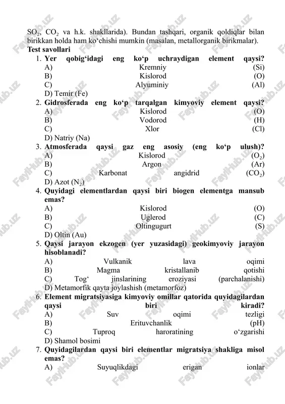 vchanlik, ph (gidrogen ionining kontsentratsiyasi), oksidlanish-reduksiya potentsiali, metal ionlarining kompleks tuzlar hosil qilish qobiliyati va adsorbsiyalash kabi faktorlar mavjud. bu faktorlar elementning suvda erish darajasi, muddatliligi va to‘planish holatini belgilaydiacademia.edu. – biologik omillar: o‘simlik va mikroorganizmlar elementlarni o‘zlashtirishi yoki eritasida redoks-reaksiyalarni rag‘batlantirishi mumkin. masalan, mikroblar temir va oltingugurtli birikmalarni parchalangach, elementlar eritma holatiga o‘tishi yoki precipitatsiyasi yuz beradiacademia.edu. shu omillar birgalikda geografik sharoit va geokimyoviy kontekstga qarab elementlar migratsiya intensivligi va yo‘lini belgilaydi. elementlar migratsiyasi shakllari elementlar yer yuzasida ko‘chishida bir necha shakl mavjud: – ionlar shaklida: elementlar suv eritmasida ion holida (na⁺, ca²⁺, fe²⁺/fe³⁺ kabi) harakatlanadi. bu ularning suvda eruvchanligini ta’minlaydi va uzoq masofaga ko‘chishi mumkin. – kompleks birikmalar: elementlar organik yoki mineral ligantlar bilan bog‘lanib (masalan, metal gidroksid yoki karboksilat komplekslari) ham ko‘chishi mumkin. bunday komplekslar hosil bo‘lishi elementlarning eritmalarda sho‘rlanishiga yoki turg‘un holatda saqlanishiga ta’sir qiladiacademia.edu. – kolloid holat: ko‘pchilik metal oksidlari yoki organik moddalar bilan birikib …