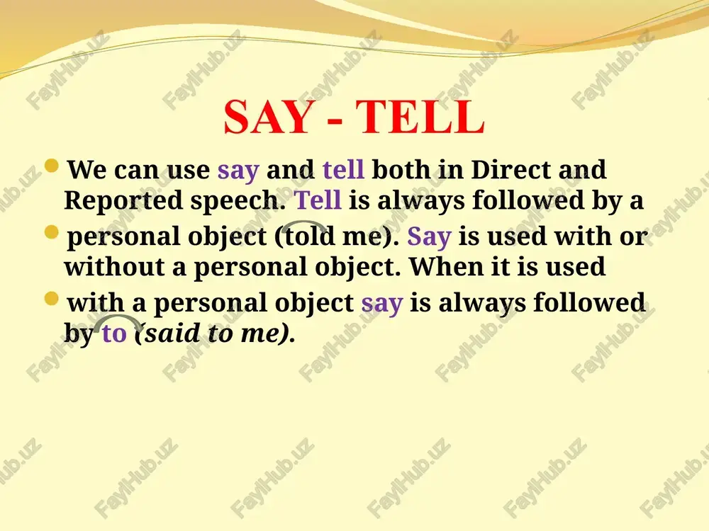 / was famous " he said. indirect/reported speech he said the earth is a planet. (general truth) he said (that) if i studied more, i'd pass my test.(conditional 2) he said he wished he were / was famous.(wish sentence) read the sentences and turn them in the indirect form. 1. ralph said, "we have been in the mountains this summer." 2. "we were very happy to spend the weekend at the seaside," said donald. 3. "we have left the school," said the children. 4. "in 1991 i entered oxford university," said henry. reported questions so‘roq gaplarni o‘zlashtirma gaplarga aylantirish ikki xil ko‘chirma so‘roq gaplar ustida to‘xtalib o‘tamiz: special questions general questions who, which, whose, when, why, how many, how much, how long va boshqa so‘roq so‘zlar bilan boshlanuvchi maxsus so‘roq gaplar; yordamchi fe’llar bilan boshlanuvchi umumiy so‘roq gaplar.( do, does, did, am, is, are, have,has, had and modal verbs reporting …