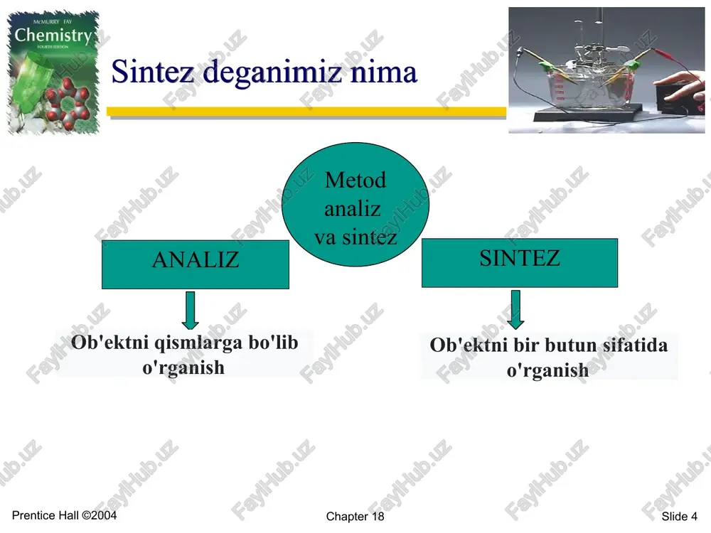 900 ° c gacha qizdirilganda reaksiya katalizator ishtirokida sodir bo'ladi, uni sxematik ravishda tenglama sifatida ko'rsatish mumkin 2ch4 + o2 + 2h2o → 2co2 + 6h2 vodorod olishdagi bir qanch reaksya tenglamalar vodorod olishdagi bir qancha reaksya tenglamalar 1. suvli tuz eritmalari ta'sir qiladigan elektroliz jarayoni: 2nacl + 2h2o → 2naoh + cl2 + h2↑ 2. suv bug'ining qizigan koksdan 1000 ° c darajasida o'tishi: h2o + c ⇔ co↑ + h2↑ 3. tabiiy gazdan olish usuli.a) suv bug'iga aylantirish: ch4 + h2o ⇔ co + 3h2 (1000 ° c da) b) katalizator ishtirokida kislorod bilan oksidlanish: 2ch4 + o2 ⇔ 2co + 4h2 savollar 1. sintez deganimiz nima 2 noorganik moddalarga tushuncha bering. 3. xossalari va tuzilishi misollar keltiring 4. asosiy fanning maqsadi va vazifasi nimadan iborot. chapter 18 slide 17 prentice hall ©2004 2-mavzu. noorganik oksidlovchilarning sanoatda olinishi. noorganik moddalarning tuzulishi va fizik-kimyoviy xossalari. reja. 1. noorganik moddalar …