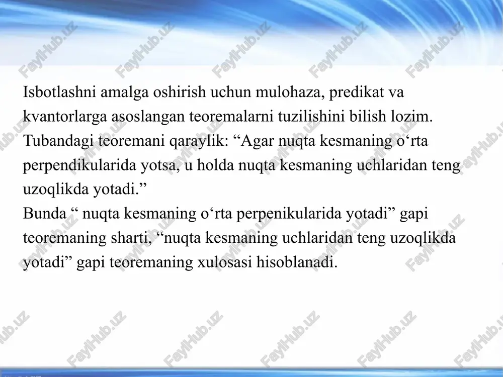 sita va bilvosita isbotlashga bo‘linadi. yuqorida ko‘rilgan barcha isbotlashlar bevosita isbotlashlar edi: ularda biror bir chin jumlaga asoslanib chin xulosaga olib keluvchi mulohazalarning deduktiv zanjiri ko‘rilar edi. oldingi mavzuda so‘z borgan to‘la induksiya ham bevosita isbotlashga tegishlidir. bilvosta isbotlashga teskarisidan isbotlash usuli misol bo‘ladi. shunday isbotlashga quyidagi teoremani qaraymiz. teorema: «agar ikkita turli va to‘g‘ri chiziqlar uchinchi to‘g‘ri chiziqqa parallel bo‘lsa, u holda ular o‘zaro parallel bo‘ladi» ni isbotlaymiz. isboti: teskarisini faraz qilaylik, ya’ni va to‘g‘ri chiziqlar o‘zaro parallel bo‘lmasin. u holda ular c to‘g‘ri chiziqqa tegishli bo‘lmagan biror p nuqtada kesishadi. shartga ko‘ra to‘g‘ri chiziq c ga va to‘g‘ri chiziq c ga parallel bo‘lgani uchun c to‘g‘ri chiziqdan tashqaridagi p nuqta orqali c to‘g‘ri chiziqqa ikkita parallel to‘g‘ri chiziq o‘tkazish mumkin degan xulosaga kelamiz. bu fikr parallellik aksiomasiga zid. demak, bizning farazimiz noto‘g‘ri va berilgan teorema chin (to‘g‘ri). umuman, teoremani teskarisidan isbotlash usulining mohiyati quyidagidan iborat. bu teoremaning xulosasi …