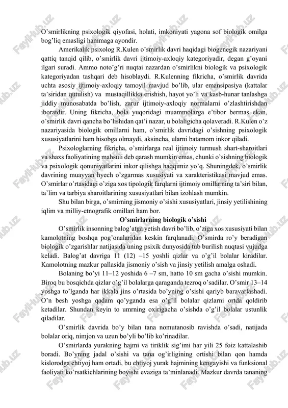 izm va tushunchalarni anglash, ixtiyoriy diqqat, barqaror qiziqish, ongli motiv va mantiqiy eslab qolishni talab qiladi. bularning barchasi fanlarga doir bilimlar tizimini vujudga keltiradi, amaliy ko’nikmalarni shakllantiradi, o’zini o’zi nazorat qilish, baholash, anglash singapi xususiyatlarni tarkib toptiradi. maktab va bilim yurtida oilada mustaqil faoliyatga keng imkoniyatlar bo’lsa, o’quvchi muayyan vazifa va topshiriqlarni, bajara boshlaydi. natijada o’smirning ijtimoiy mavqyei ortib, faoliyati takomillashib, psixikasi har tomonlama rivojlanib boradi. hozirgi o’smirlar o’tmishdoshlariga nisbatan jismoniy, aqliy va siyosiy jihatdan birmuncha ustunlikka ega. ularda jinsiy yetilish, ijtimoiylashuv jarayoni, psixik o’sish oldinroq namoyon bo’lmoqda. shu sababli bizda o’g’il va qizlarni 10–11 dan 14–15 yoshigacha o’smirlik yoshida deb hisoblanadi. venalik psixolog z.freyd va uning shogirdlari o’smirlik davrini baholashda insonga azaldan berilgan qandaydir ilk mayl nishonasi sifatida vujudga keladigan o’z mavqyeini belgilashga ongsiz intilishni eng muhim asos deb hisoblaydilar. bu intilish go’yoki xudbinlik, boshqa kishilarni mensimaslik, paydo bo’lishga, atrof-muhit bilan kelisha olmaslikka, hatto nizolarga olib kelar, ongsizlik ehtiyojlari …