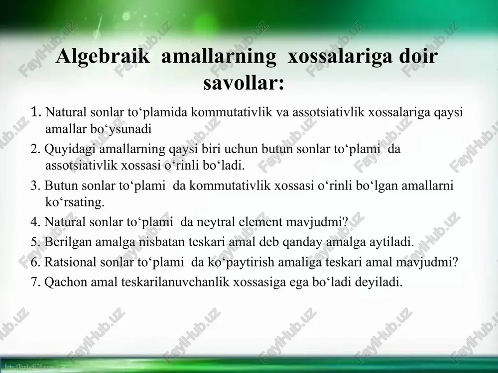 h amali uchun kommutativlik amali o‘rinli natural sonlar to‘plamida ko‘paytirish amali uchun kommutativlik xossasi o‘rinli. haqiqiy sonlar to‘plami r da qo‘shish va ko‘paytirish amallari kommutativdir. butun sonlar to‘plami z da ayirish amali kommutativlik xossasiga bo‘ysunmaydi. musbat ratsional sonlar to‘plami da bo‘lish amali uchun kommutativlik xossasi o‘rinli emas distributivlik xossasi. ta’rif. x to’plamidan olingan ixtiyoriy a,b,c elementlar uchun munosabat o`rinli bo`lsa, algebraik amal * amalga nisbatan cha’ tomondan distributivlikka ega deyiladi. ta’rif. x to’plamidan olingan ixtiyoriy a,b,c elementlar uchun munosabat o`rinli bo`lsa, algebraik amal * amalga nisbatan o`ng tomondan distributivlikka ega deyiladi. ta’rif. x to’plamidan olingan ixtiyoriy elementlar uchun munosabatlar o`rinli bo`lsa algebraik amal * amalga nisbatan distributivlik xossasiga bo`ysinadi deyiladi. misollar ketiramiz. 1) natural sonlar to’plamida ko`paytirish amali qo`shish amaliga nisbatan distributiv, chunki 2) butun sonlar to’plamida ko`paytirish amali ayirish amaliga nisbatan distributivdir, chunki 3) qo`shish amali ko`paytirish amaliga nisbatan distributivlik xossasiga bo`ysinmaydi. 4) to’plamlar kesishmasi ∩ to’plamlar birlashmasiga nisbatan …
