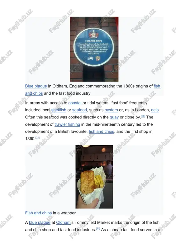 1928. on a single day in 1952, the shop served 10,000 portions of fish and chips, earning a place in the guinness book of records.[23] british fast food had considerable regional variation. sometimes the regionality of a dish became part of the culture of its respective area, such as the cornish pasty and deep-fried mars bar. the content of fast food pies has varied, with poultry (such as chickens) or wildfowl commonly being used. since the second world war, turkey has been used more frequently in fast food.[24] the uk has adopted fast food from other cultures as well, such as pizza, doner kebab, and curry. more recently, healthier alternatives to conventional fast food have also emerged. united states neighboring fast food restaurant advertisement signs in bowling green, kentucky for wendy's, kfc, krystal and taco bell. a mcdonald's sign can be seen in the very far background. see also: fast …