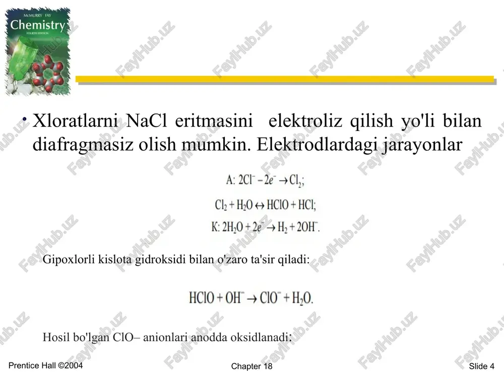 mida agressiv muhitga chidamli taglik bo'lishi lozim; bir guruh elektrolizerlarga bitta umumiy taglik o'rnatishga yo'l qo'yiladi. chapter 18 slide 17 prentice hall ©2004 diafragmen usulidagi elektroliz 1. umumiy xlor kollektorida xlordagi vodorodning hajm bo'yicha ulushi 0,5 foizdan oshmasligi lozim. 2. guruhli vodorod kollektoridagi bo'shliq guruhli xlor kollektoridagiga nisbatan 50 — 150 ra (5 — 15 mm n2o) yuqori darajada ushlab turish kerak. 3. umumiy kollektordagi vodoroddagi kislorodning umumiy ulushi 0,5 foizdan oshmasligi kerak. 4. texnologik reglament va avtchr ida ko'zda tutilgan sharoitdan boshqa holatda diafragmenli elektrolizerlar seriyasini o'chirishga yo'l qo'yilmaydi. 5. elektrolizerlarda yuqori burchakdagi diafragmadagi anolitning me'yordagi darajasini avtomatik holda ta'minlash va pasayish signalizatsiyasi darajasi esa yo'l qo'yiladigan me'yoridan kam bo'lishi ta'minlanishi lozim. 6. diafragmen elektroliz zalida turg'un elektr energiyasi o'chib qolgan taqdirda guruhli vodorod kollektorlari va katod bo'shlig'idagi vodorodni azot bilan o't oldirgichga siqib chiqarish lozim. chapter 18 slide 18 prentice hall ©2004 simobli usuldagi elektroliz 1 simobli usulda …