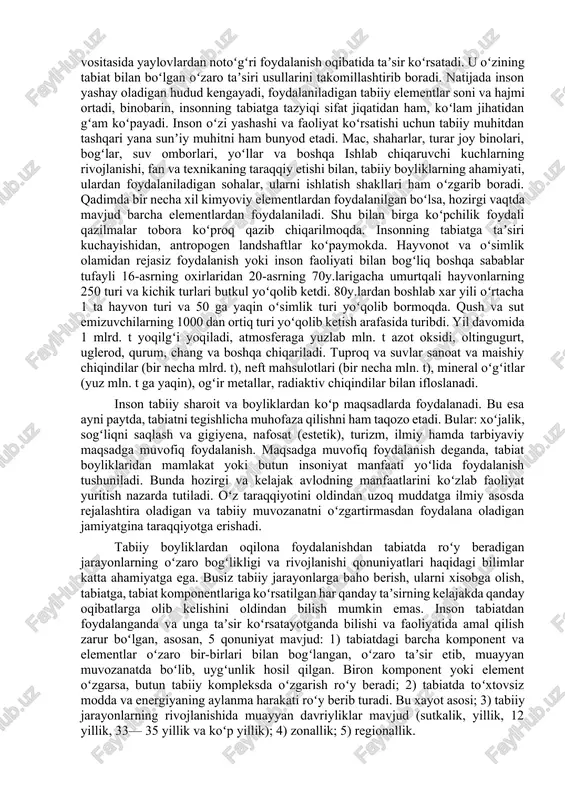 viy bogʻliq boʻladi. xaggins (huggins) charlz breton (1901.22.9, galifaks, kanada) — amerikalik xirurg va onkolog; aqsh milliy fa aʼzosi (1949 yildan). 1927 yildan chikago universitetida ishlagan (1936 yildan xirurgiya prof.i). 1951—69 yillarda benmey klinikasida rakni tadqiqot qilish lab. direktori. x. prostata bezi rakini davolashda ilk bor gormonlarni qoʻllab, gormonoterapiyaga asos soldi, bu rak kimyoterapiyasi rivojiga olib keldi. nobel mukofoti laureati (1966, rous f.p. bilan hamkorlikda). tabiatni muhofaza qilish - tabiat va uning boyliklaridan oqilona foydalanishga, tabiatni inson manfaatlarini koʻzlab ongli ravishda oʻzgartirishga, tabiat boyliklari va umuman tabiatni, uning goʻzalligi, musaffoligini saqlab qolishga va yanada boyitishga qaratilgan barcha tadbirlar majmuasi. tabiatni muhofaza qilishq. tadbirlari majmuasiga davlatlar, xalqaro tashkilotlar, jamoat, ilmiy-texnik, ishlab chiqarish., iqtisodiy va maʼmuriy tashkilotlar, har bir odam tomonidan amalga oshiriladigan tadbirlar kiradi. hozirgi vaqtda inson yashab, toʻxtovsiz munosabatda boʻlib kelayotgan tabiiy muhit uzoq geologik davrlar (4,5—4,7 mlrd. yil) mobaynida bir qancha omillarning birgalikda taʼsirida, yaʼni quyosh nuri, yerning massasi, …