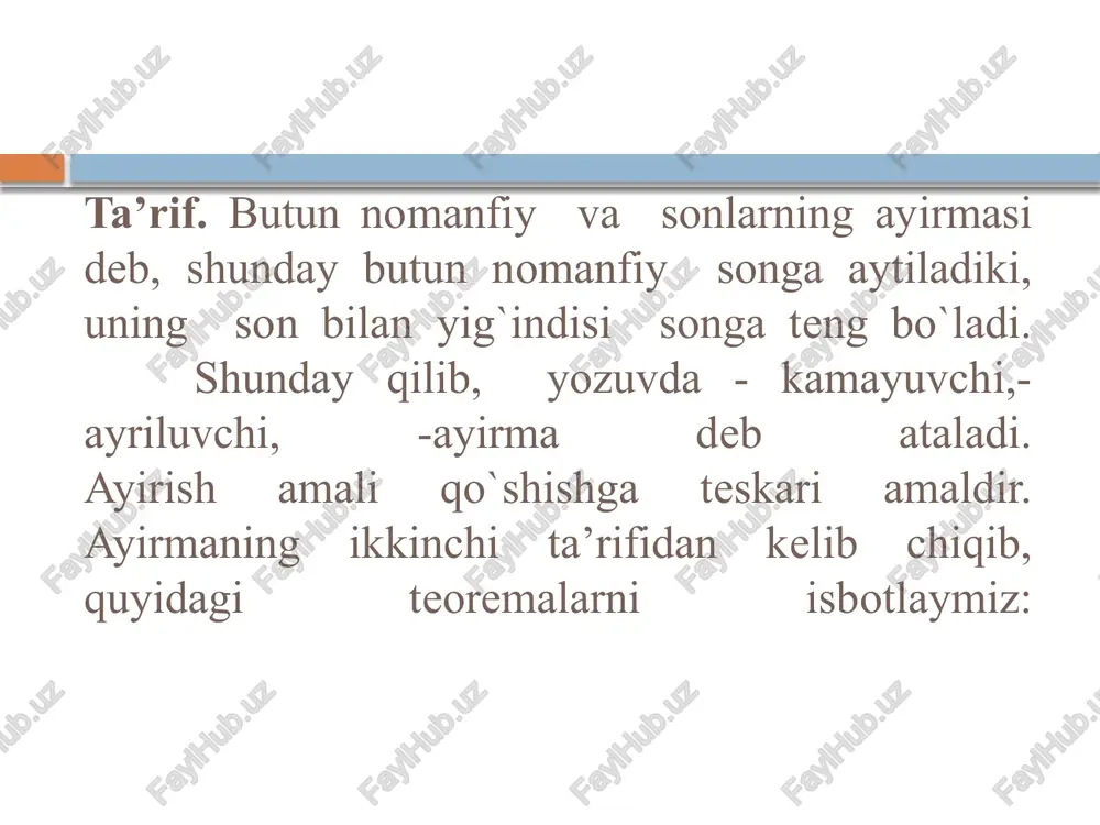= x. demak, a : c - b : c = (a - b): c. o`z-o`zini nazorat qilish uchun savollar nomanfiy butun sonlar ayirmasi ta’rifi qanday? ayirma qaysi holda mavjud bo`ladi? ayirmaga yig`indi orqali ta’rif bering. /docprops/thumbnail.jpeg