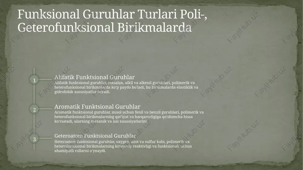 'zgaruvchan birikmalar bioyaklarni ishlab chiqishda qo'llaniladi, jumladan mikroorganizmlar biomassani etanol va biodizel kabi yangi energiya manbalari ga aylantiradi. poli-, geterofunksional birikmalarining ekologik ta'siri 1 oqsillikdan kasalliklar polimer va heterofunksional materiallar plastik atıklarının depolanması yoluyla çöplerin, okyanusların ve su yollarının kirlenmesine katkıda bulunur. 2 kimyoviy suvlar va kontaminatsiya o'zgaruvchan funksional birikmalarining ekologik ta'siri, zararli kimyoviy moddalar suv va yer ichiga suyulishi bilan bog'liq bo'lib, bu esa ekosistemani iflos qilish va kontaminatsiyaga olib keladi. 3 mikroplastiklar va dengiz hayoti poli-, heterofunksional birikmalar mikroplastiklarga ayriladi, ular dengiz hayvonlari tomonidan qabul qilinadi, ekosistemalarga zarar yetkazadi va inson salomatligiga xavf soladi. ishlab chiqarishda geterojen birikmalarni boshqarish esnek ishlab chiqarish jarayonlarini amalga oshirish ishlab chiqarishda heterojen birikmalarni boshqarish uchun kompaniyalar murakkab ishlab chiqarish jarayonlarini amalga oshirishi mumkin bo'lgan, turli mahsulot variantlari va maxsuslashtirishlarga oson uzoqroq ma'lumotlarni tahlil qilish. boshqa strategiya - ishlab chiqarishda heterogen birikmalarni boshqarish uchun yuqori darajada ma'lumotlarni tahlil qilishdan foydalanish, talabni bashorat qilish, …