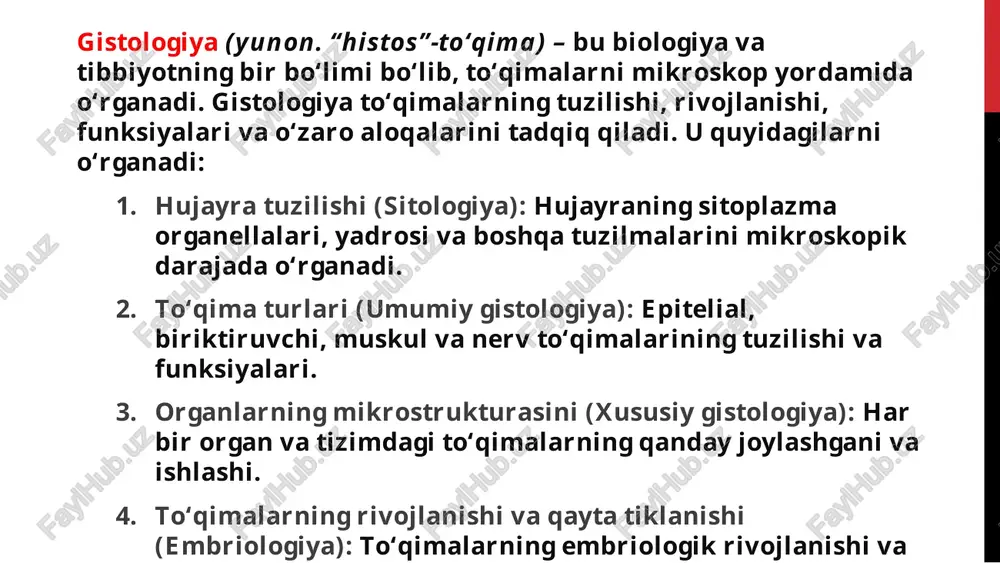 olemma, sitoplazmatik membrana) har bir eukariotik hujayraning bir qismi boʻlib, faqatgina elektron mikroskop ostida koʻrinuvchi qoʻshqavat lipid strukturadan iborat. tashqi muhit va hujayrani ajratib, ularni turlicha muhitda ushlab turadi. tuzilishi qalinligi 7.5-10 nm ikki qavat lipid va undagi integral va periferik oqsillardan iborat elektron mikroskop ostida 3 qavat bo‘lib ko‘rinadi: lamina densa externa – tashqi zich, qoramtir qavat. lamina intermedia lucida – o‘rta yorqin qavat ( elektronlar uchun o‘tkazuvchan) lamina densa interna – ichki zich qavat membrana funksiyalari baryer funksiyasi tayanch retseptor boshqa hujayralar bilan o‘zaro aloqa transport membrana potensialini hosil qilish plazmolemmaning kimyoviy tarkibi lipidlar – 40-60 % oqsillar – 30-50 % uglevodlar – 10 % dan iborat. bu moddalar hujayraning turi va funksiyasiga koʻra turlicha nisbatda bo‘ladi. m-n, miyelin qavatida lipidlar 75 %, mitoxondriyaning ichki membranasida oqsillar 75 % boʻladi membrana lipidlari membrananing asosiy qismini bilipid qavat (2 qavat fosfolipid) tashkil etadi. membrananing tashqi qavati ekstrasellular suyuqlikka (ecf), …